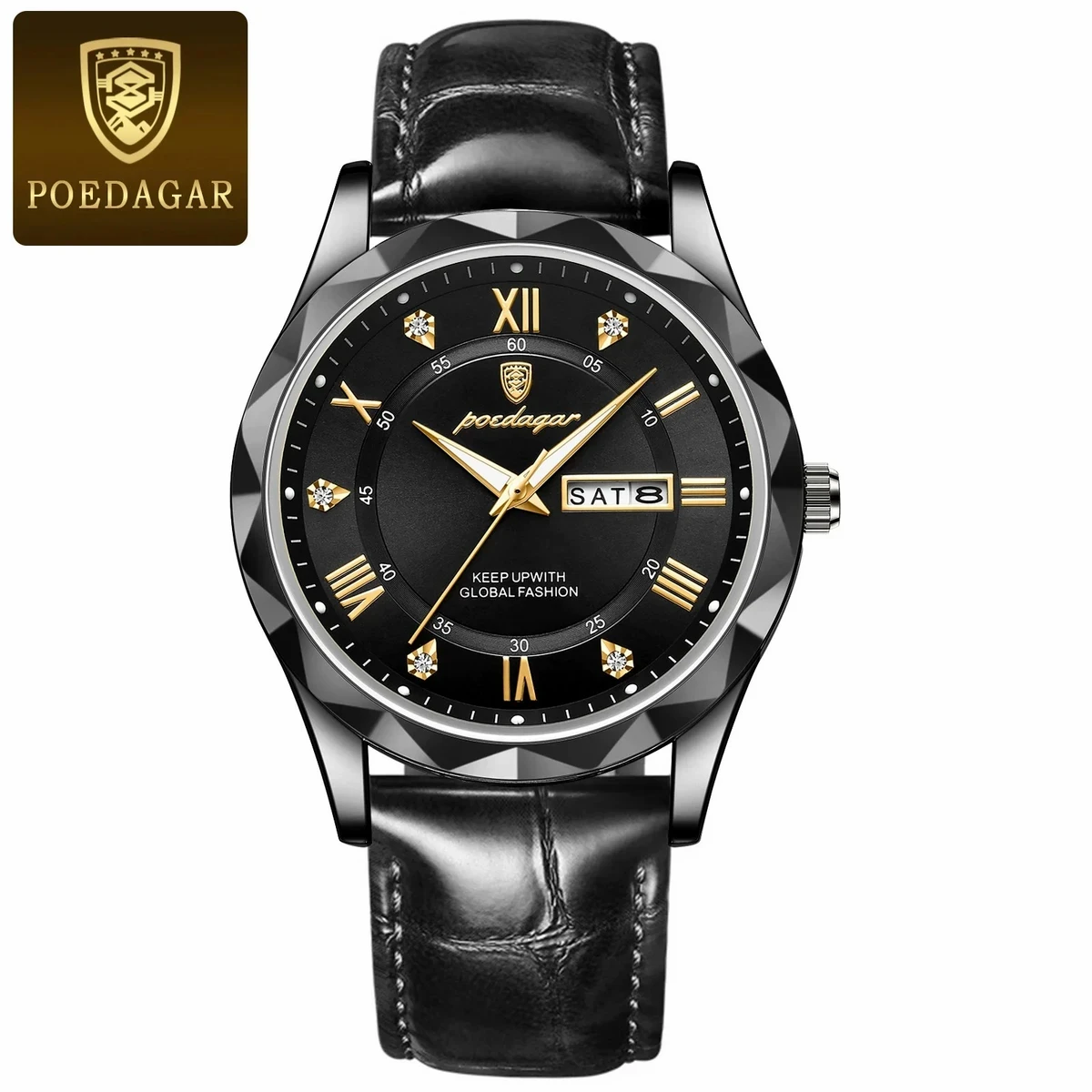 POEDAGAR 615 WATCH BELT BLACK ROUND BLACK DIAL BLACK WATCH + এক পিস ব্যাটারি ফ্রি।