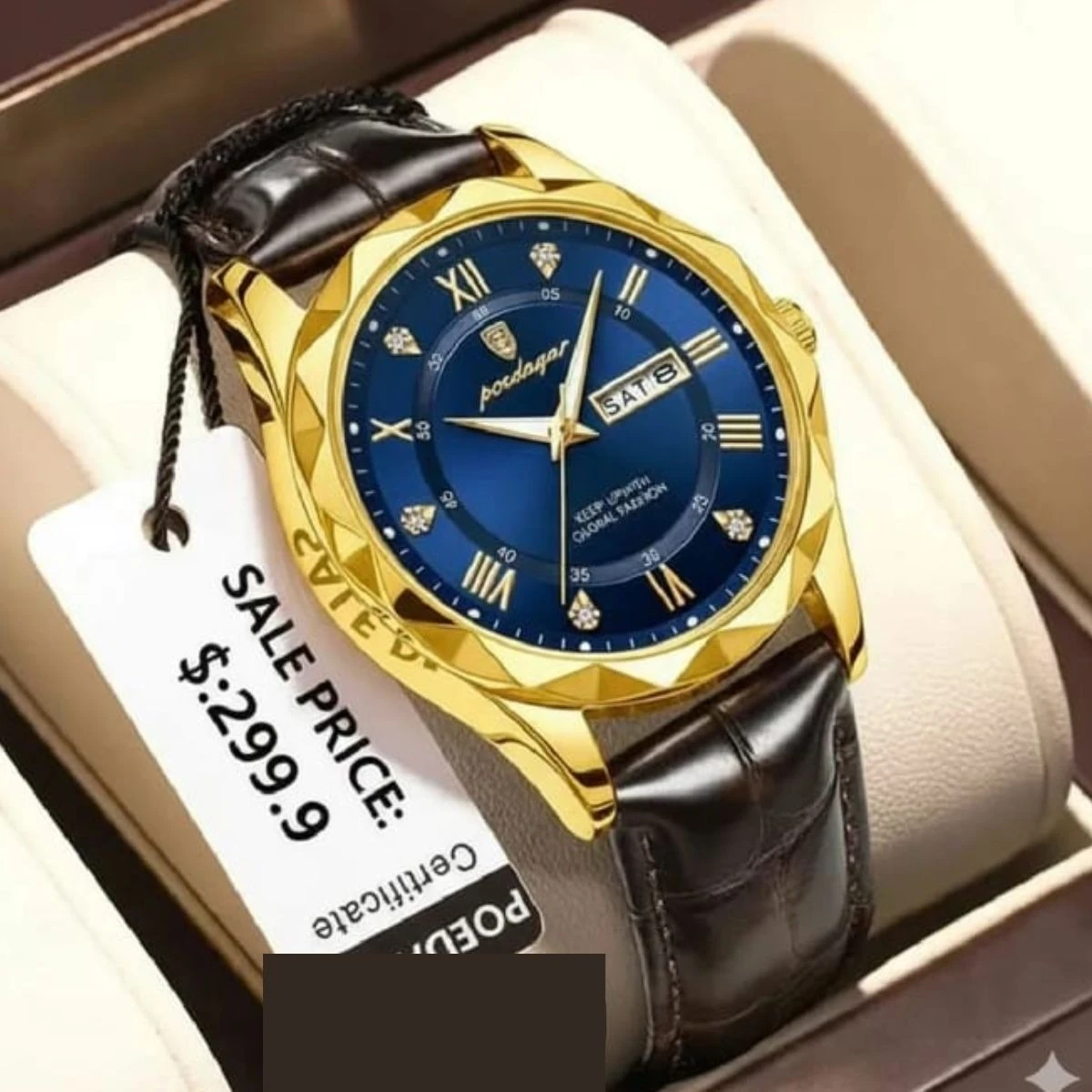 POEDAGAR 615 WATCH BELT BROWN ROUND GOLDEN DIAL BLUE COLOUR WATCH