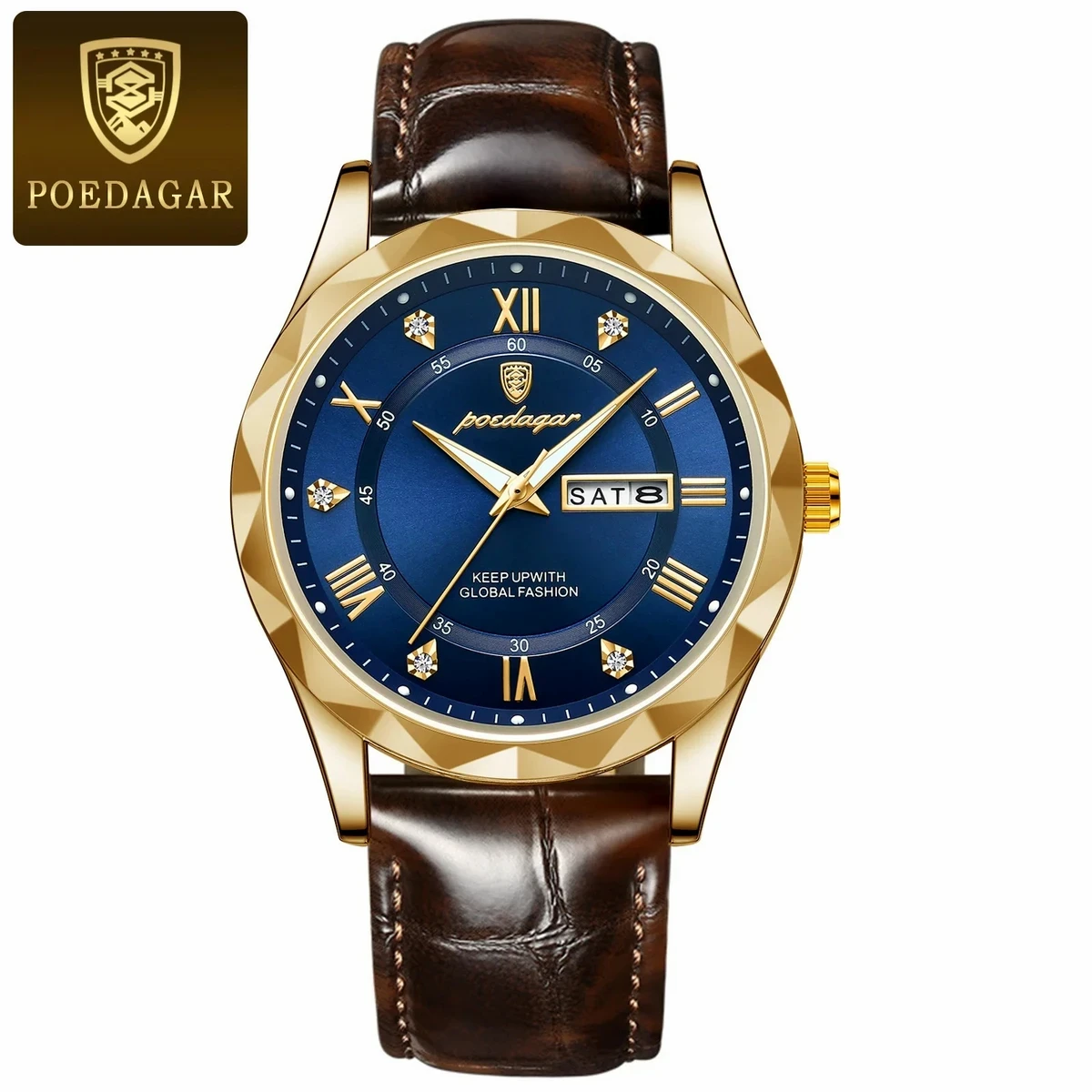POEDAGAR 615 WATCH BELT BROWN ROUND GOLDEN DIAL BLUE COLOUR WATCH + এক পিস ব্যাটারি ফ্রি।