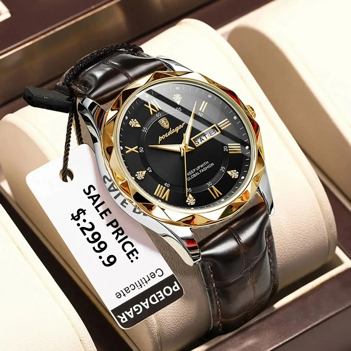 POEDAGAR 615 WATCH BELT BROWN ROUND GOLDEN DIAL BLACK COLOUR WATCH + এক পিস ব্যাটারি ফ্রি।