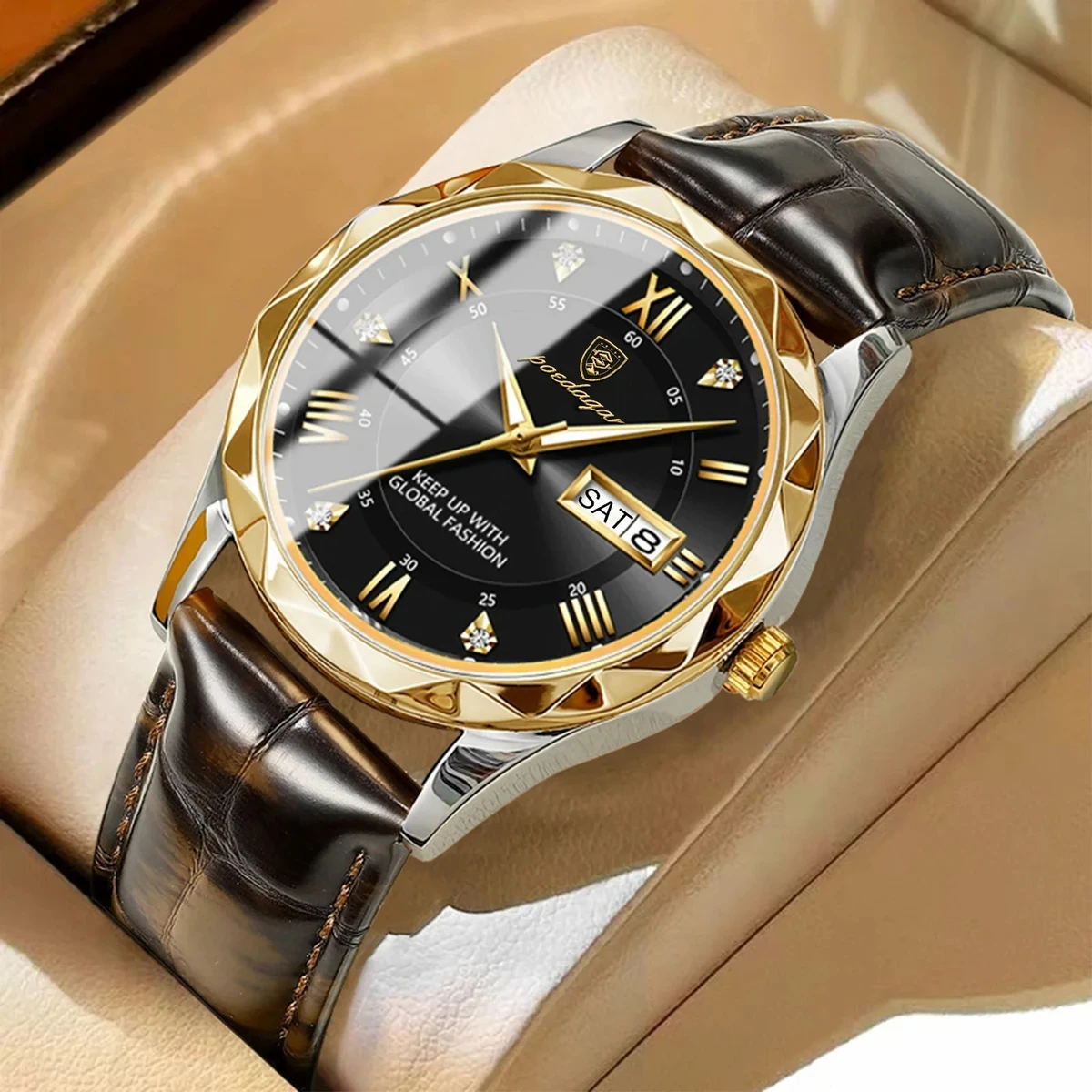 POEDAGAR 615 WATCH BELT BROWN ROUND GOLDEN DIAL BLACK COLOUR WATCH + এক পিস ব্যাটারি ফ্রি।