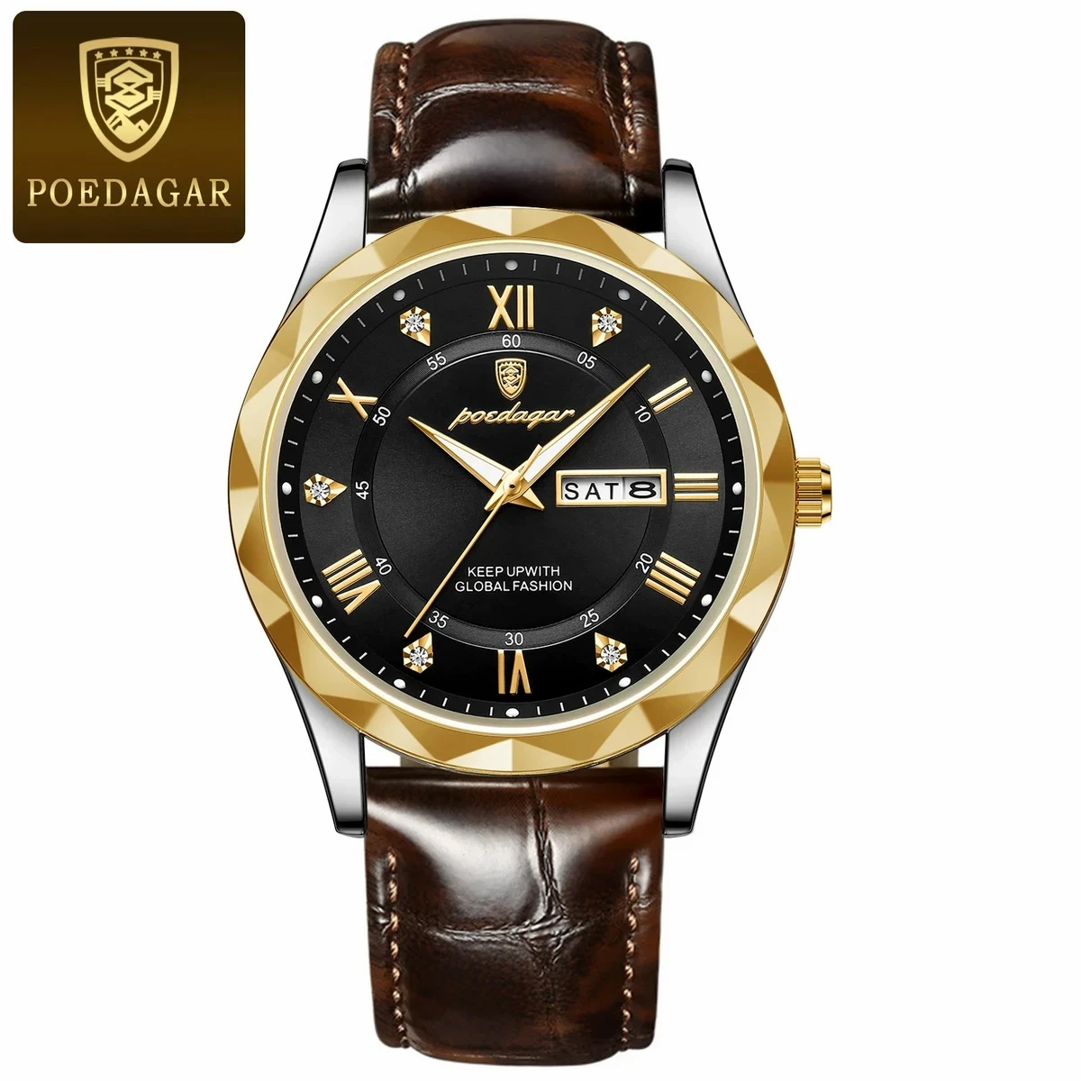 POEDAGAR 615 WATCH BELT BROWN ROUND GOLDEN DIAL BLACK COLOUR WATCH + এক পিস ব্যাটারি ফ্রি।