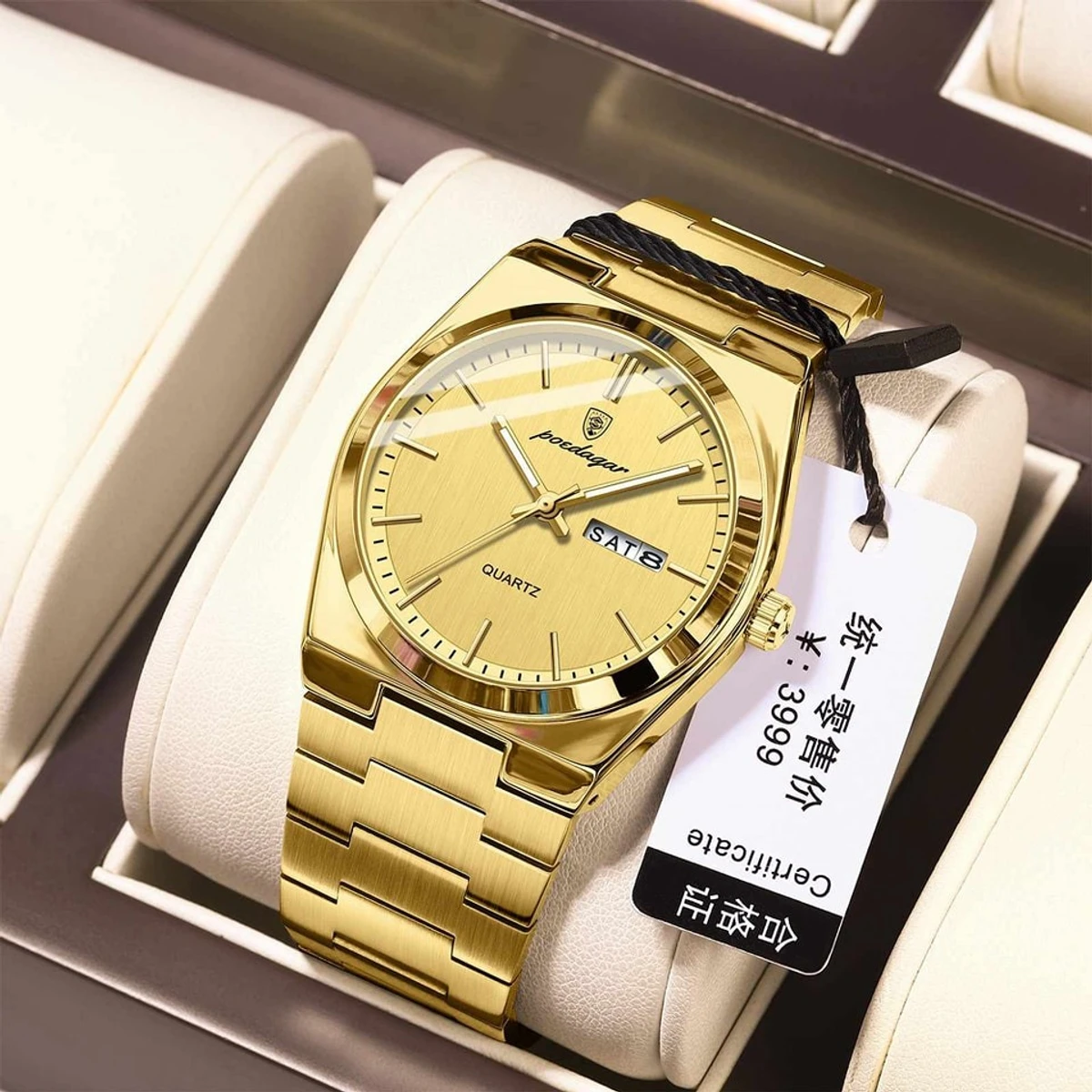 Poedagar Model 930 Stainless Steel Quartz Wristwatch for Men -  FULL GOLDEN COOLER WATCH + এক পিস ব্যাটারি ফ্রি।