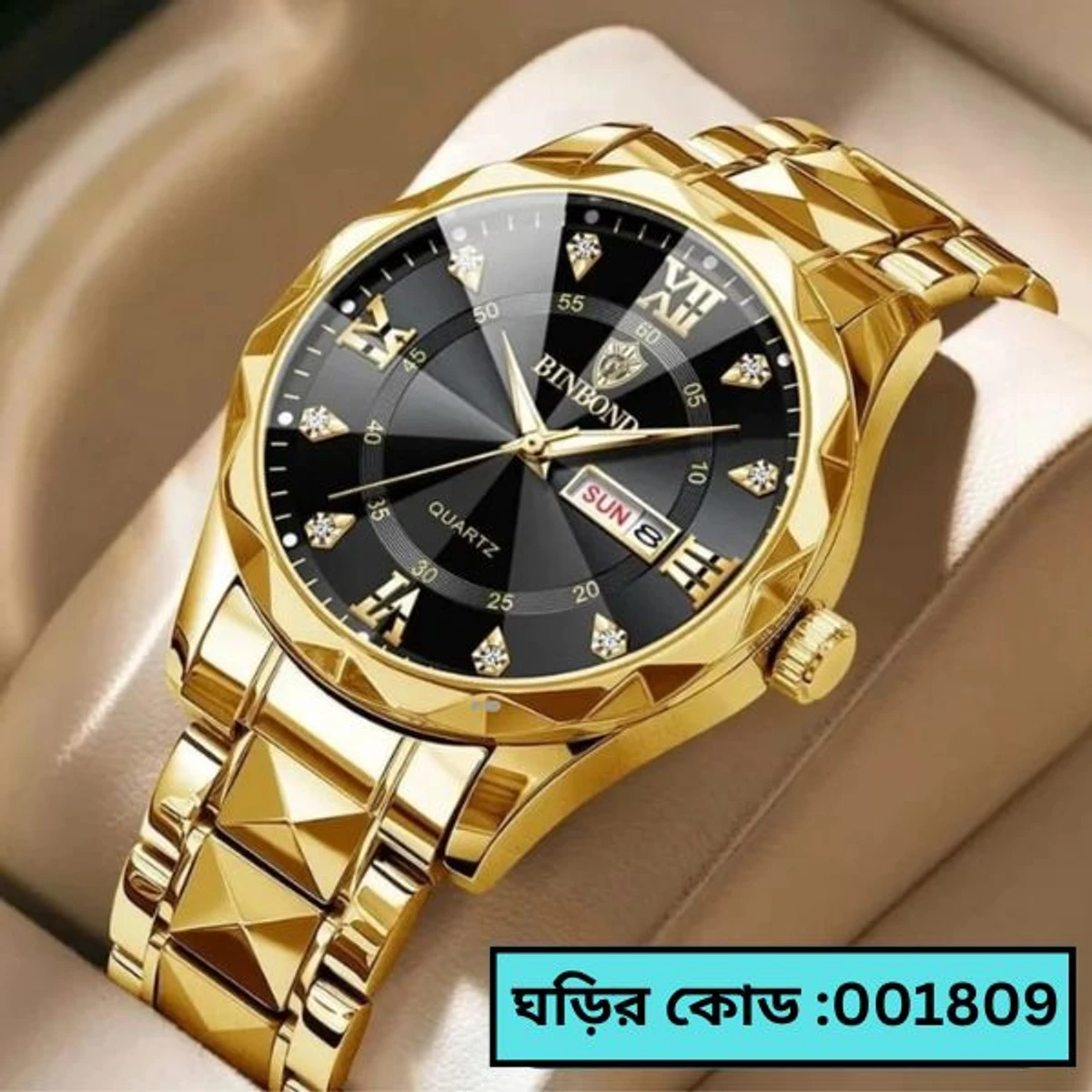 BINBOND NEW DIAMOND CUT DESIGN  GOLDEN CHAIN DIAL BLACK COOLER  WATCH FOR MAN + এক পিস ব্যাটারি ফ্রি।