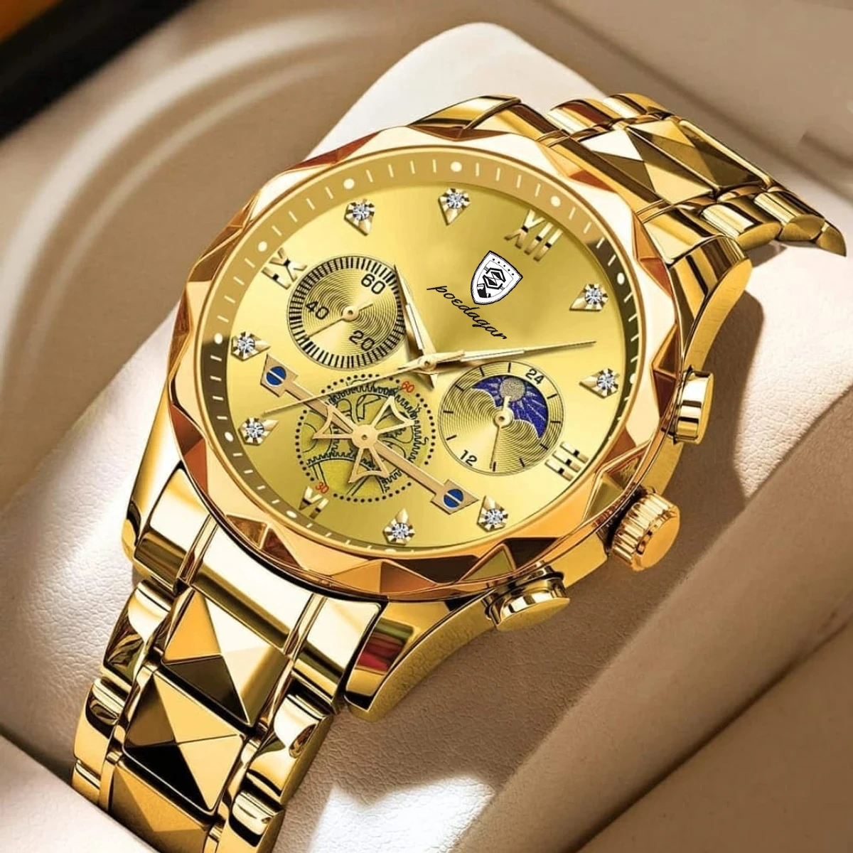 Poedagar  Chronograph watch - Full Golden FOR MAN + এক পিস ব্যাটারি ফ্রি।