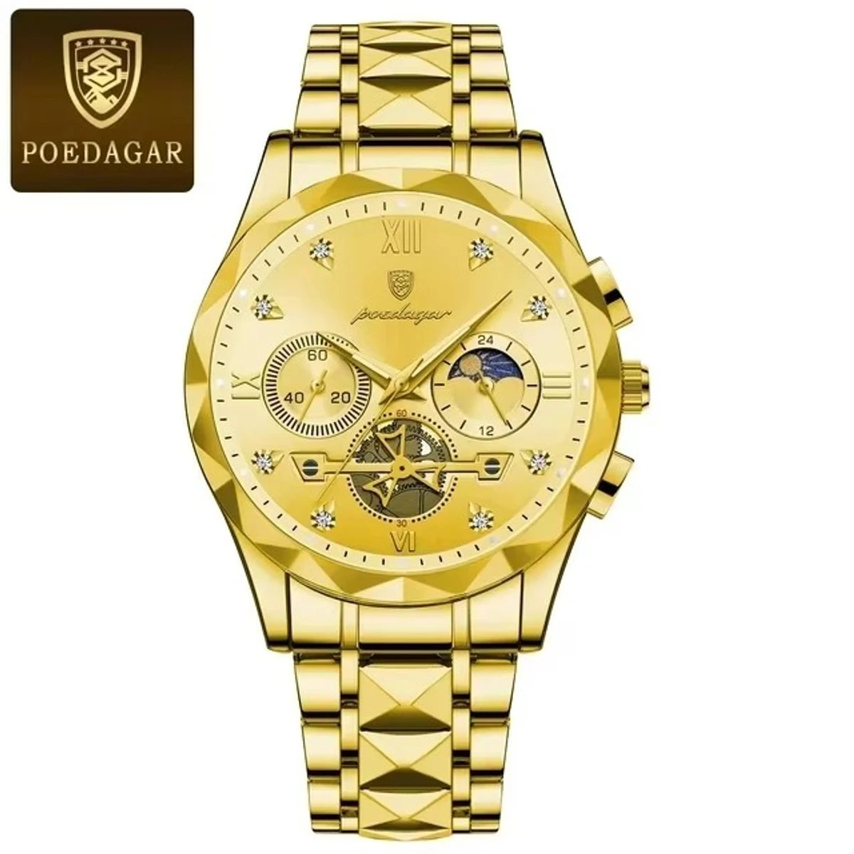 Poedagar  Chronograph watch - Full Golden FOR MAN + এক পিস ব্যাটারি ফ্রি।