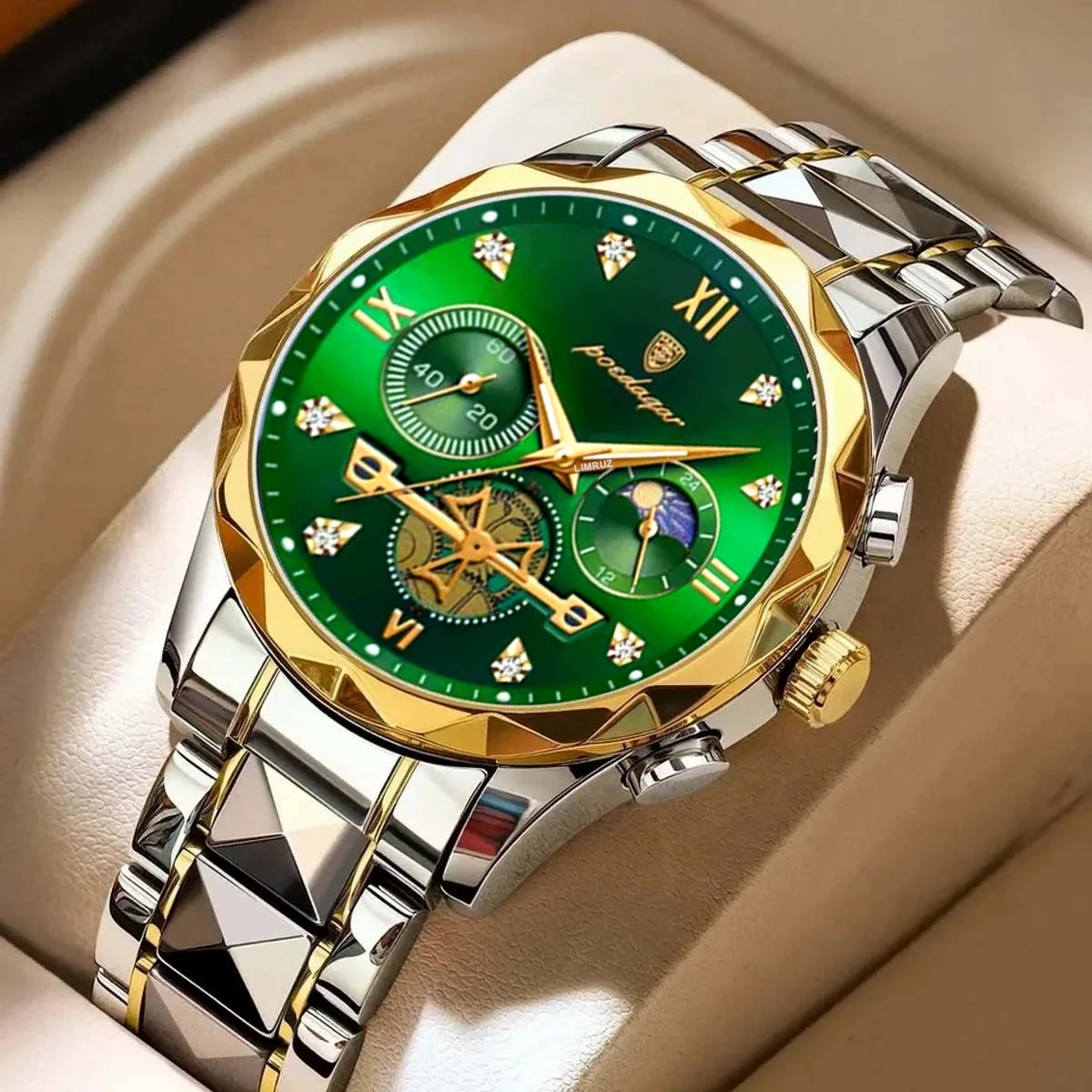 Poedagar  Chronograph TOTON AR DIAL GREEN COLOUR WATCH FOR MAN + এক পিস ব্যাটারি ফ্রি।