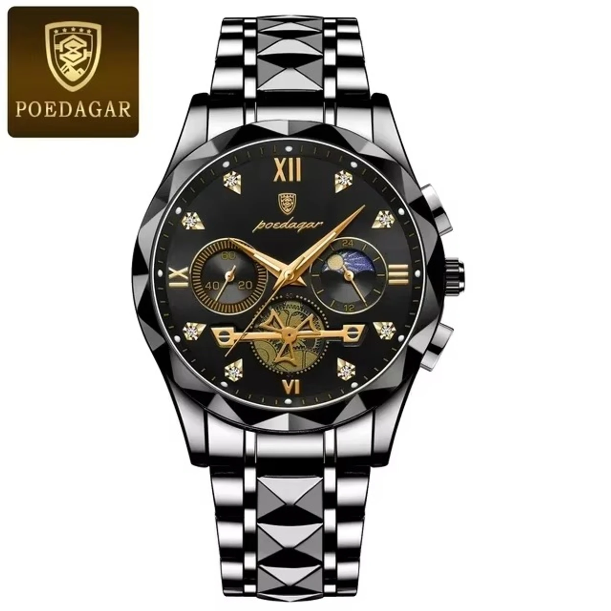Poedagar  Chronograph watch FULL BLACK COLOUR FOR MAN + এক পিস ব্যাটারি ফ্রি।