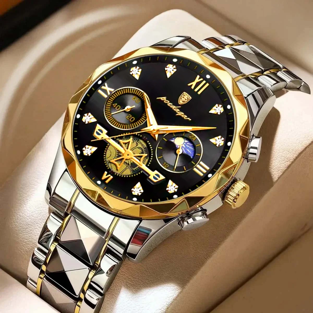 Poedagar Chronograph watch - Toton ar Dial Black COLOUR WATCH FOR MAN + এক পিস ব্যাটারি ফ্রি।