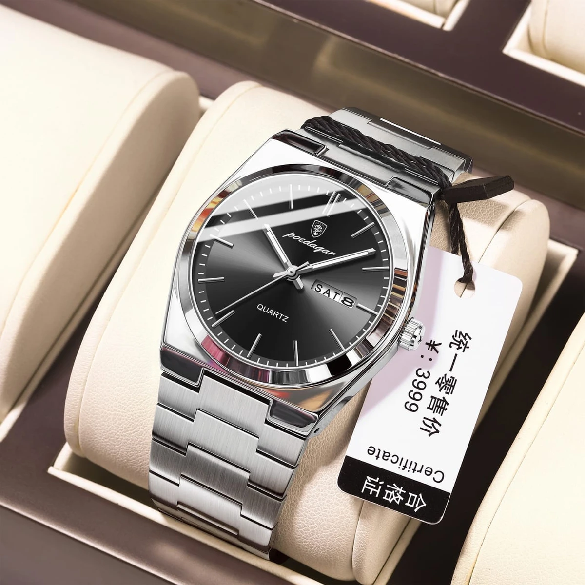 Poedagar Model  930 Stainless Steel Quartz  Wristwatch for Men - Silver Chain  Dial black + এক পিস ব্যাটারি ফ্রি।
