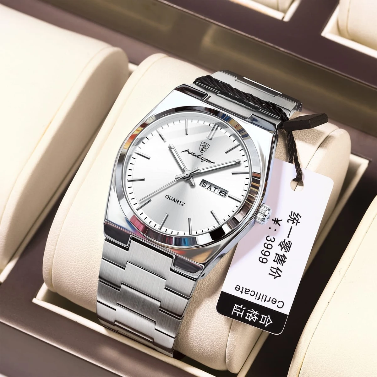 Poedagar Model 930 Stainless Steel Quartz Wristwatch for Men - Silver Chain Dial White + এক পিস ব্যাটারি ফ্রি।