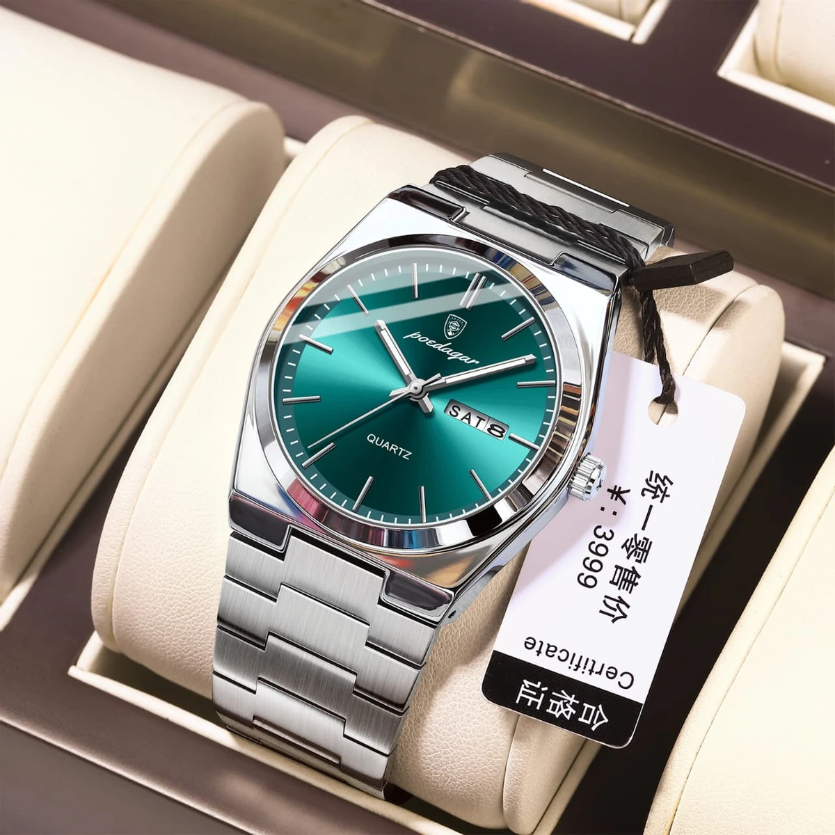 Poedagar Model 930 Stainless Steel Quartz Wristwatch for Men - Silver Chain Dial Green + এক পিস ব্যাটারি ফ্রি।