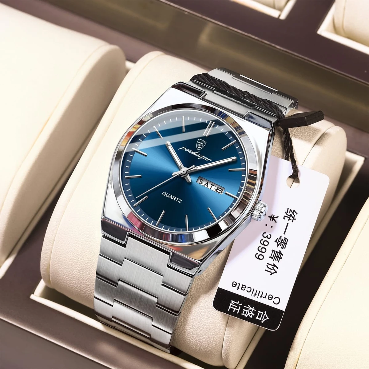 Poedagar Model 930 Stainless Steel Quartz Wristwatch for Men - Silver Chain Dial Blue + এক পিস ব্যাটারি ফ্রি।