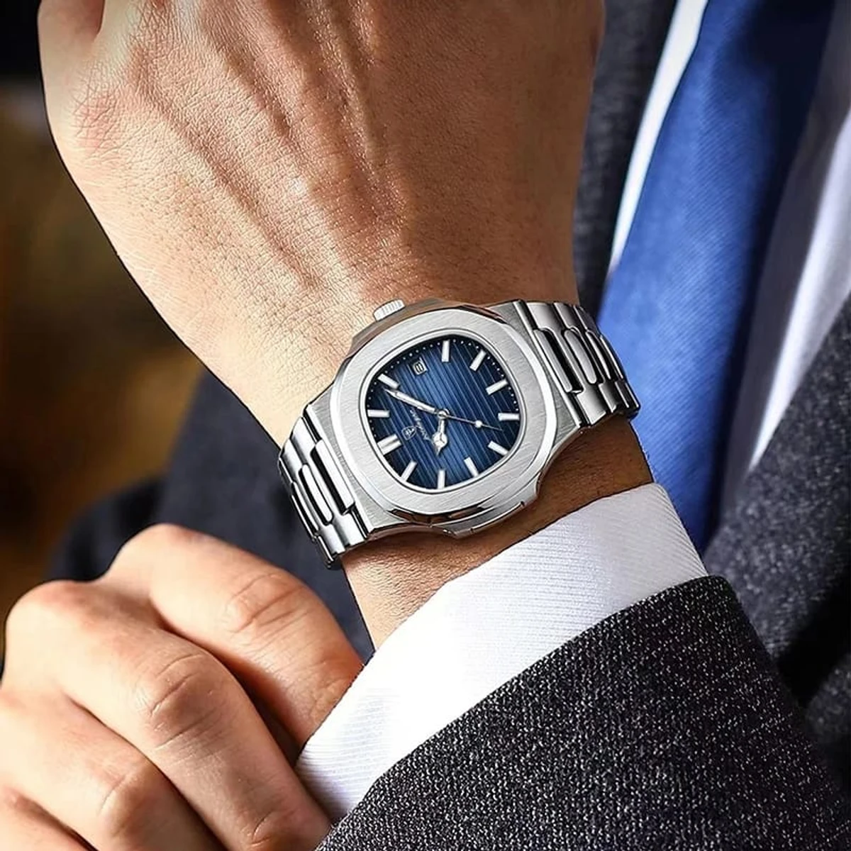 Poedagar Model 613 Stainless Steel Quartz Wristwatch for Men - Silver chain Dial blue + এক পিস ব্যাটারি ফ্রি।