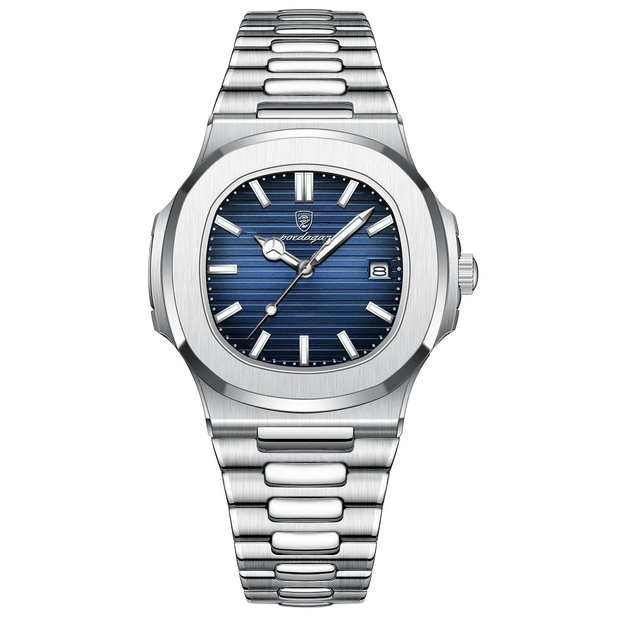Poedagar Model 613 Stainless Steel Quartz Wristwatch for Men - Silver chain Dial blue + এক পিস ব্যাটারি ফ্রি।