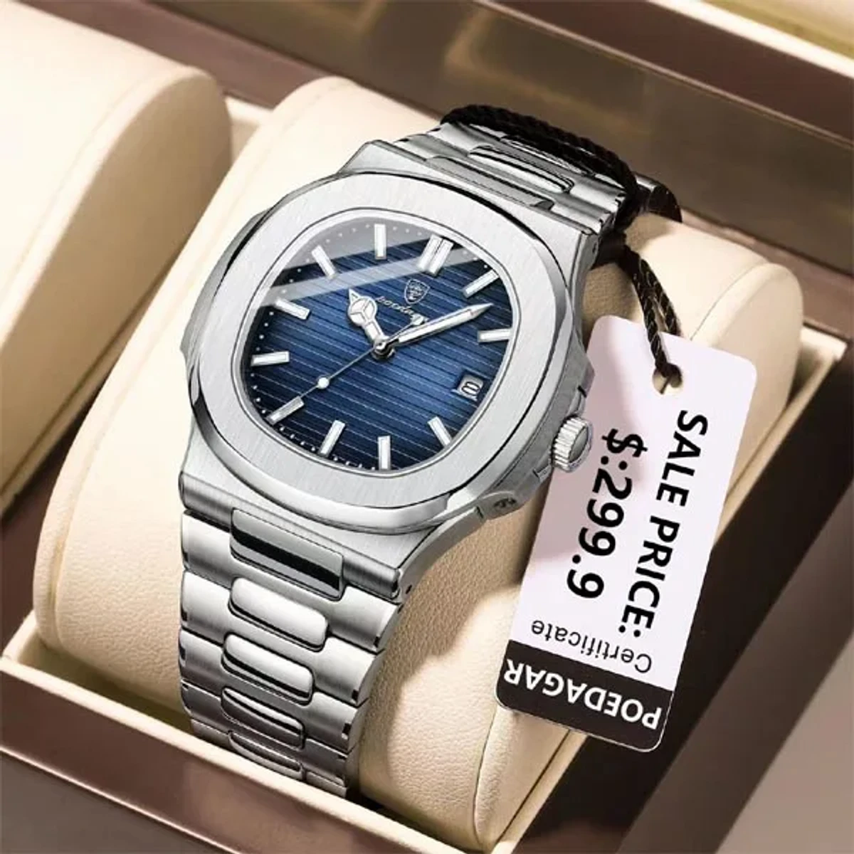 Poedagar Model 613 Stainless Steel Quartz Wristwatch for Men - Silver chain Dial blue + এক পিস ব্যাটারি ফ্রি।