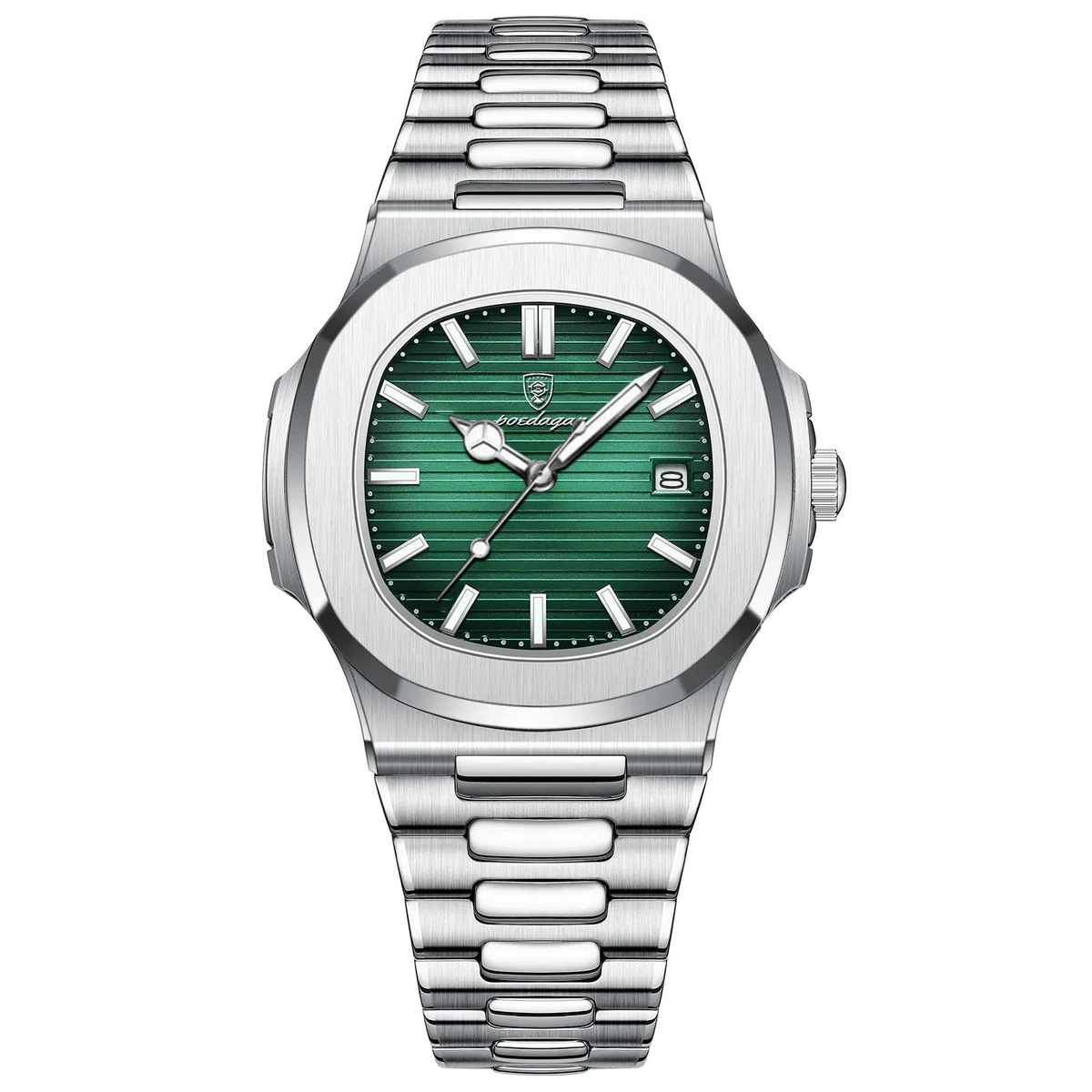 Poedagar Model 613 Stainless Steel Quartz Wristwatch for Men - Silver chain Dial Green + এক পিস ব্যাটারি ফ্রি।
