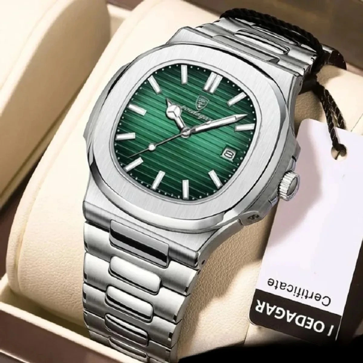 Poedagar Watch Model 613 Silver chain Dial Green Colour Watch  for Men -