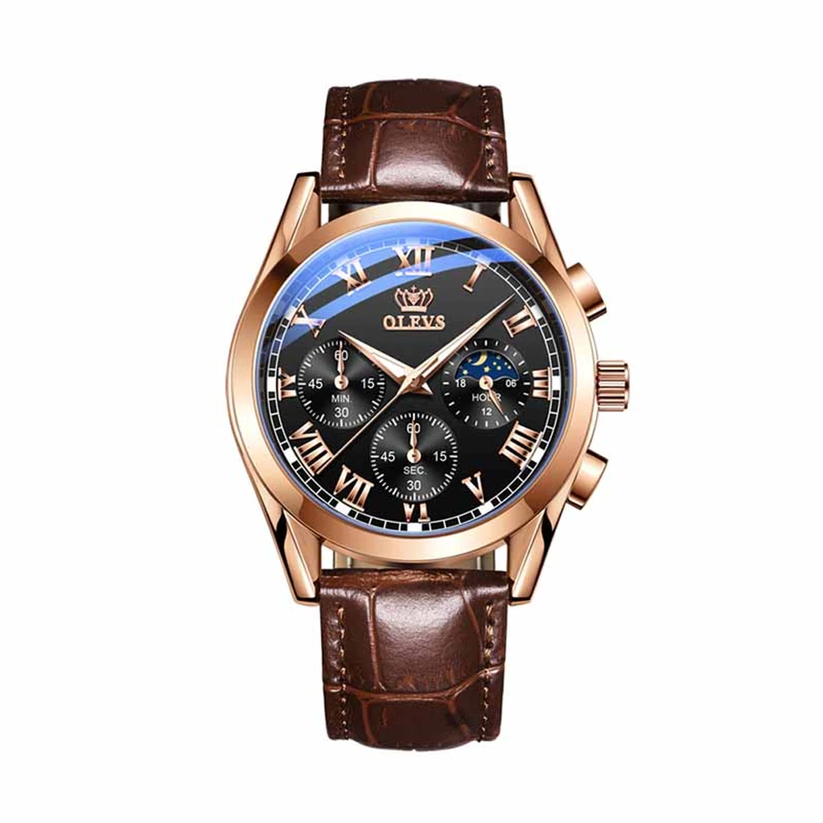 OLEVS WATCH MODEL 2871 FASHION WATCH FOR MEN BELT BROWN  DIAL BLACK  COOLER WATCH FOR MEN
