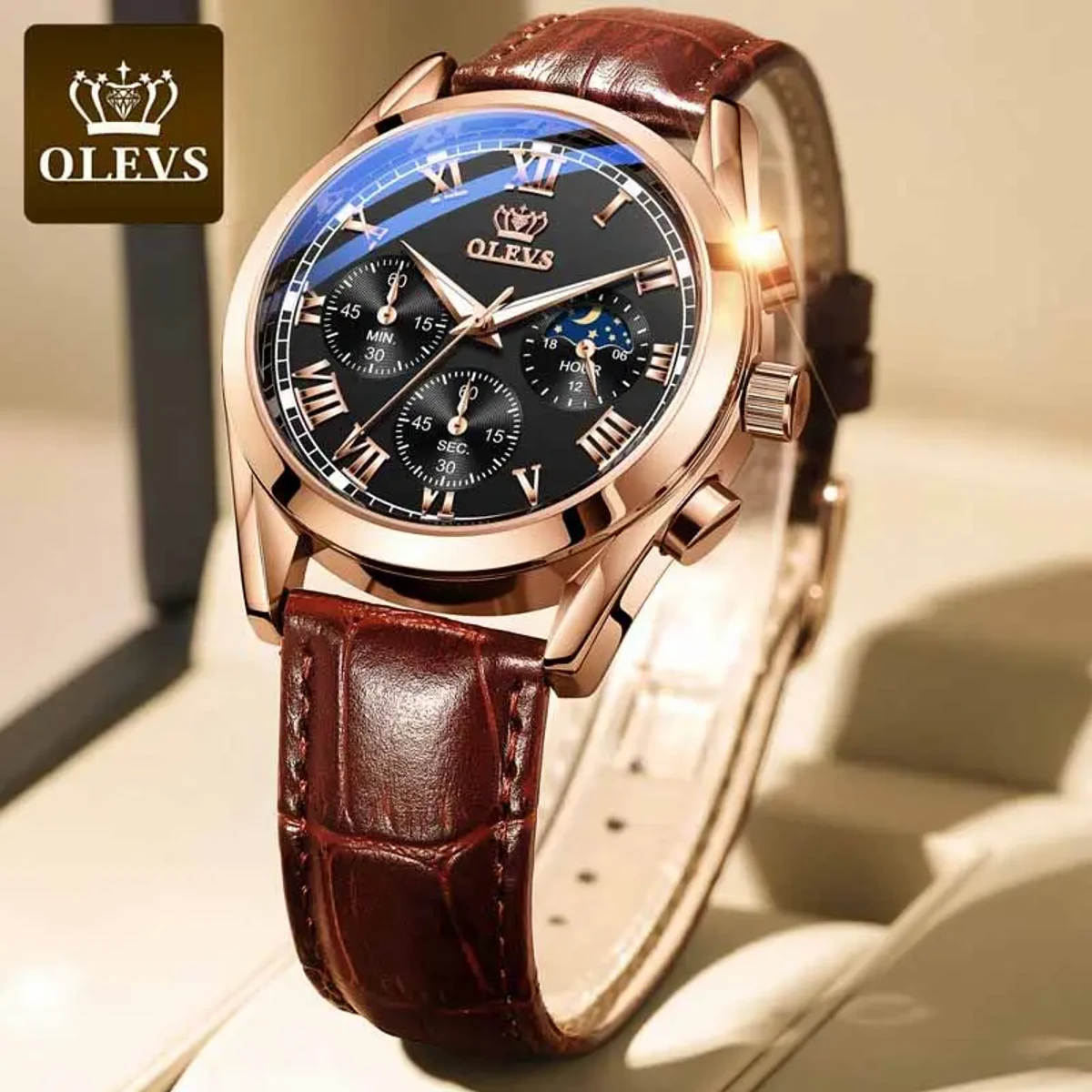 OLEVS WATCH MODEL 2871 FASHION WATCH FOR MEN BELT BROWN DIAL BLACK COOLER WATCH FOR MEN