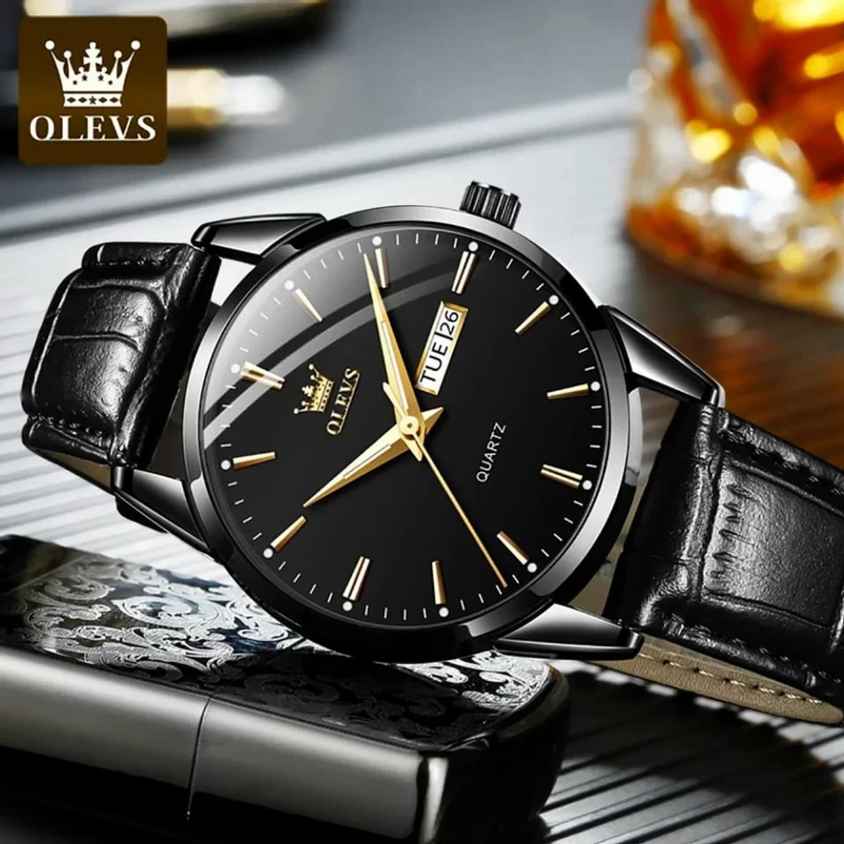 OLEVS WATCH MODEL 6898 FASHION WATCH FOR MEN FULL BLACK COLOUR WATCH FOR MEN + এক পিস ব্যাটারি ফ্রি।