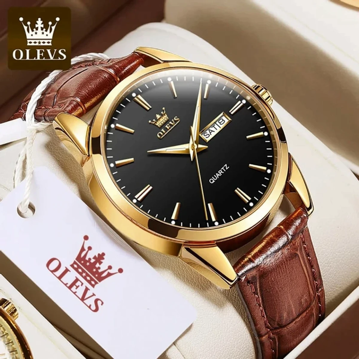 OLEVS WATCH MODEL 6898 FASHION WATCH FOR MEN BELT BROWN DIAL BLACK COLOUR WATCH FOR MEN + এক পিস ব্যাটারি ফ্রি।
