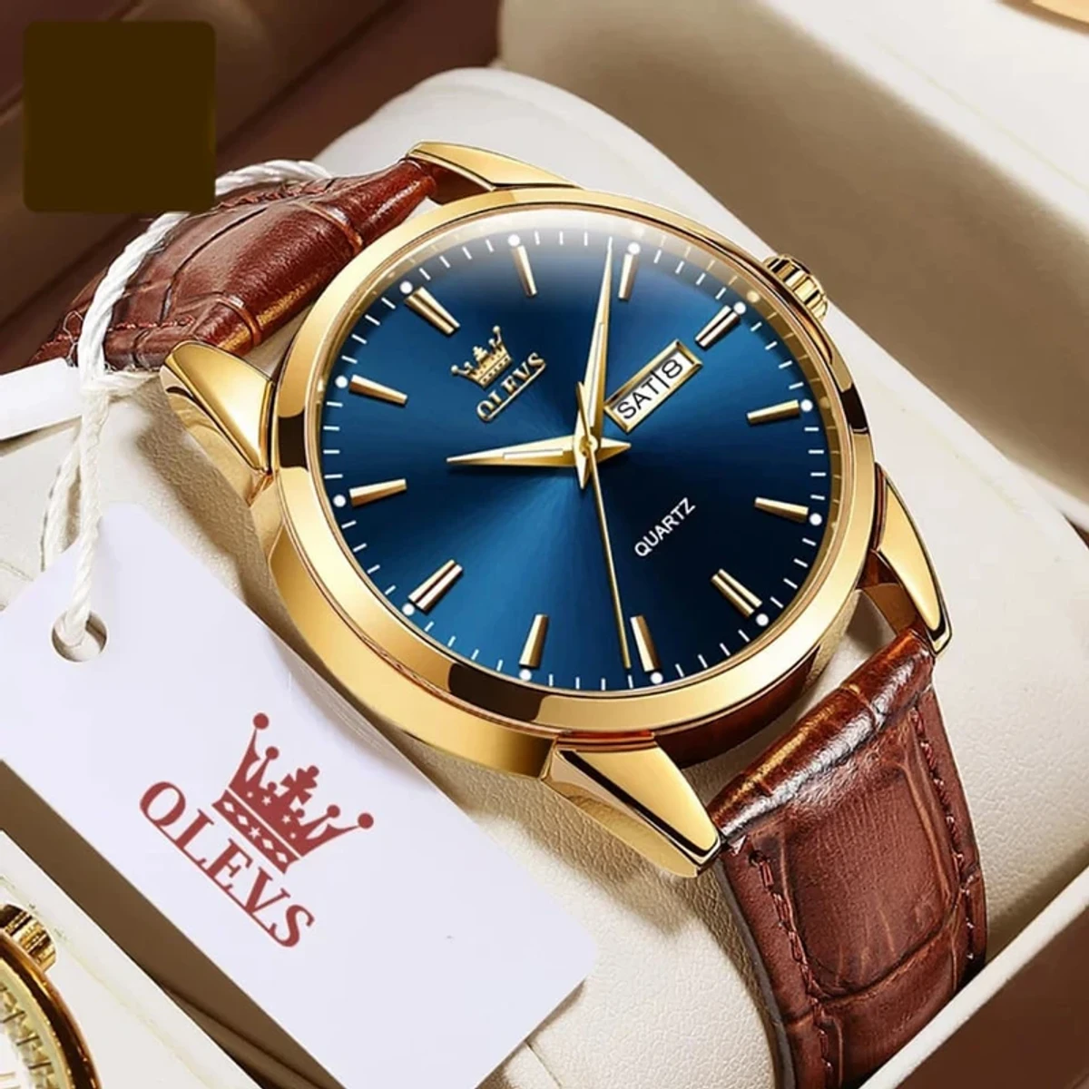 OLEVS WATCH MODEL 6898 FASHION WATCH FOR MEN BELT BROWN  DIAL BLUE COLOUR WATCH FOR MEN + এক পিস ব্যাটারি ফ্রি।