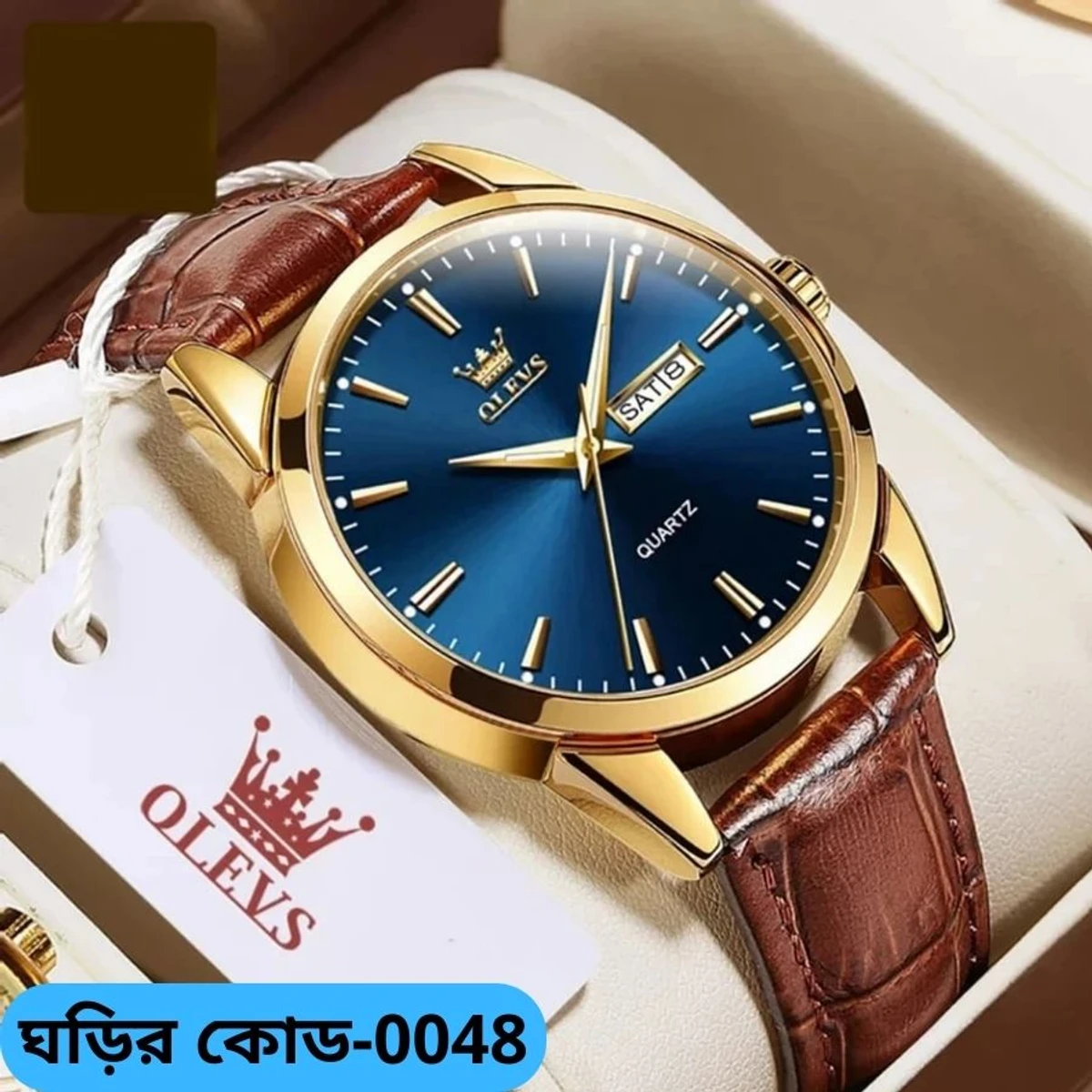 OLEVS WATCH MODEL 6898 FASHION WATCH FOR MEN BELT BROWN  DIAL BLUE COLOUR WATCH FOR MEN + এক পিস ব্যাটারি ফ্রি।