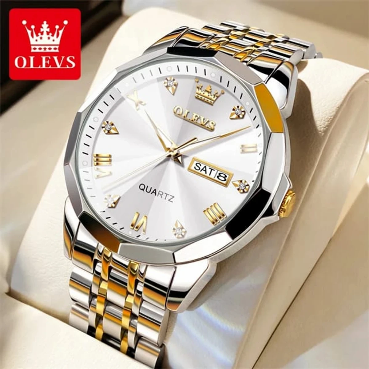 OLEVS MODEL 9931 Watch for Men Stainless Steel Watches - 9931 TOTON AR DIAL WHITE- MAN  WATCH - LOCK PUSH  + এক পিস ব্যাটারি ফ্রি।
