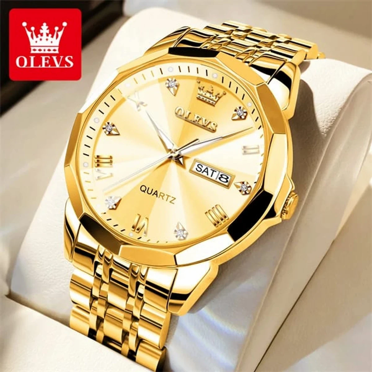 OLEVS MODEL 9931 Watch for Men Stainless Steel  Watches - 9931 FULL GOLDEN- MAN  WATCH - LOCK PUSH + এক পিস ব্যাটারি ফ্রি।