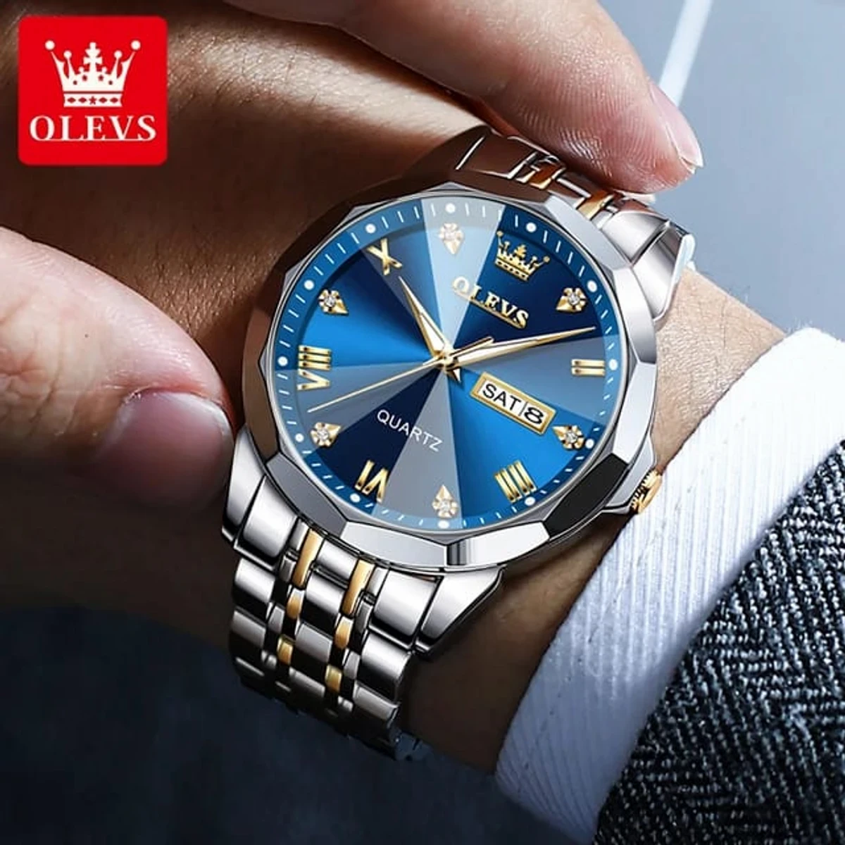 OLEVS MODEL 9931 Watch for Men Stainless Steel Watches - 9931 TOTON AR DIAL BLUE- MAN WATCH + এক পিস ব্যাটারি ফ্রি।