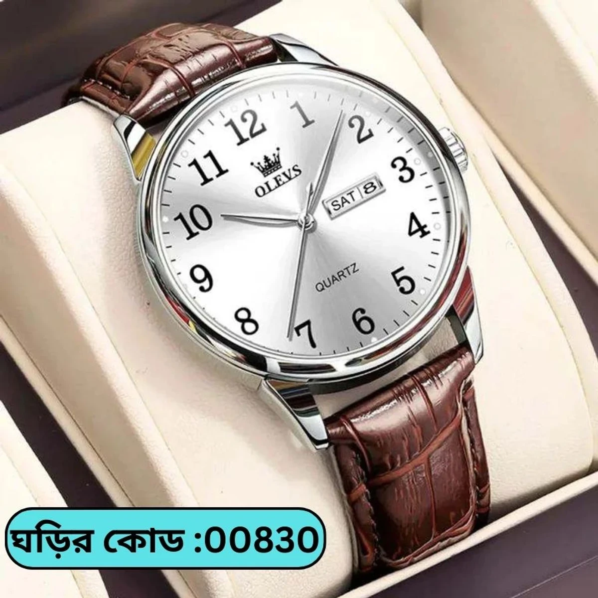 OLEVS WATCH MODEL 5535 FASHION WATCH  CODE 830 FOR MEN BELT BROWN DIAL WHITE COLOR WATCH SUDU DATE WATCH- MAN  WATCH