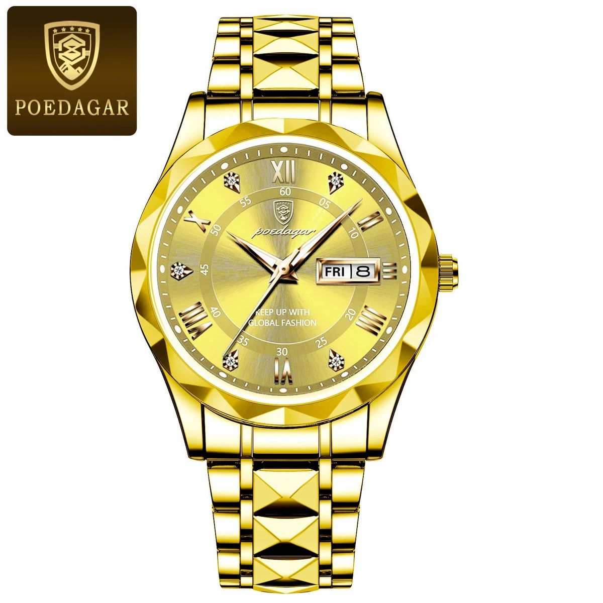 POEDAGAR WATCH  MODEL 615 FULL GOLDEN COOLER WATCH   BUTTERFLY LOCK FOR MAN +  এক পিস ব্যাটারি ফ্রি।