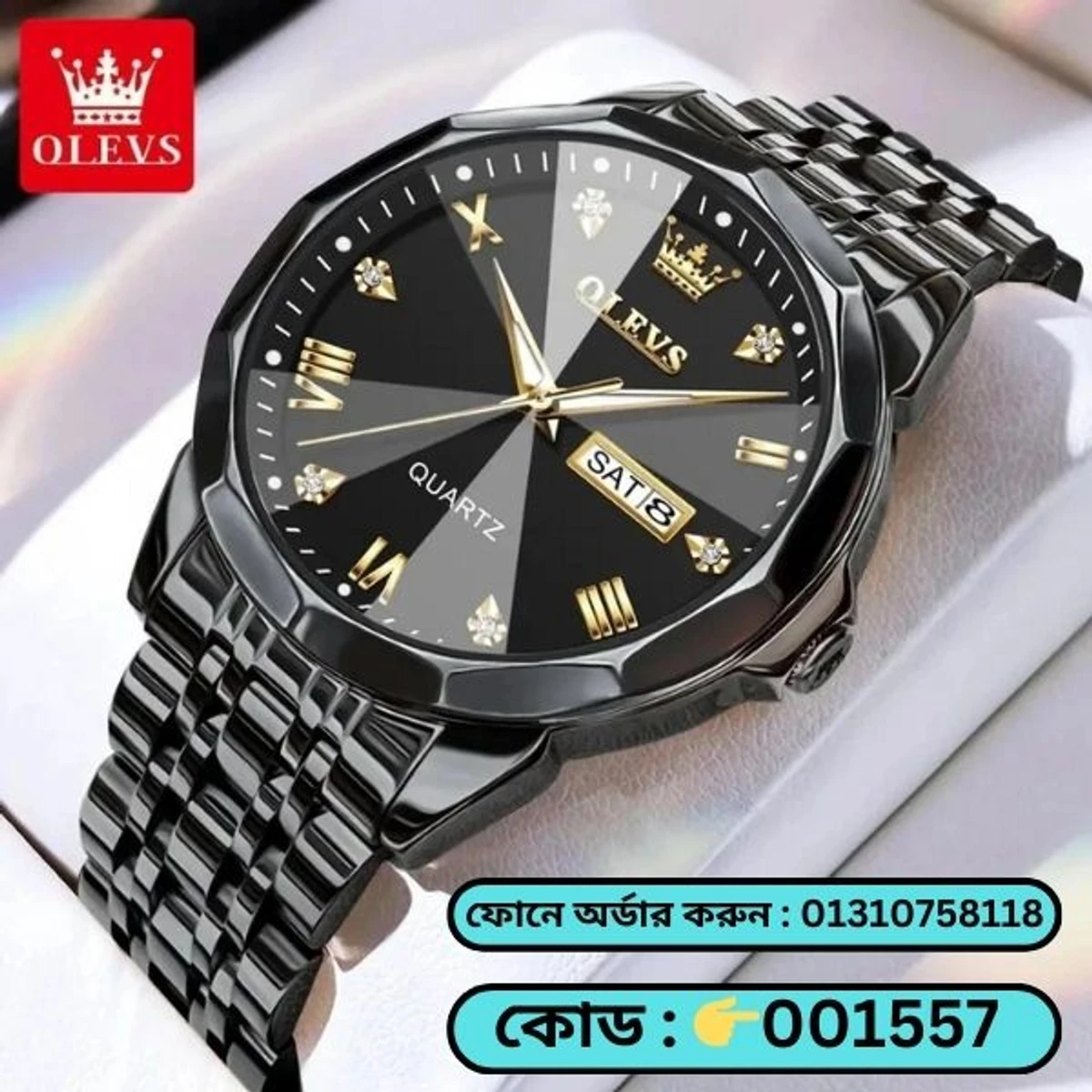 OLEVS MODEL 9931 Watch for Men Stainless Steel Watches - 9931 FULL BLACK WATCH- MAN WATCH - LOCK PUSH  + এক পিস ব্যাটারি ফ্রি।