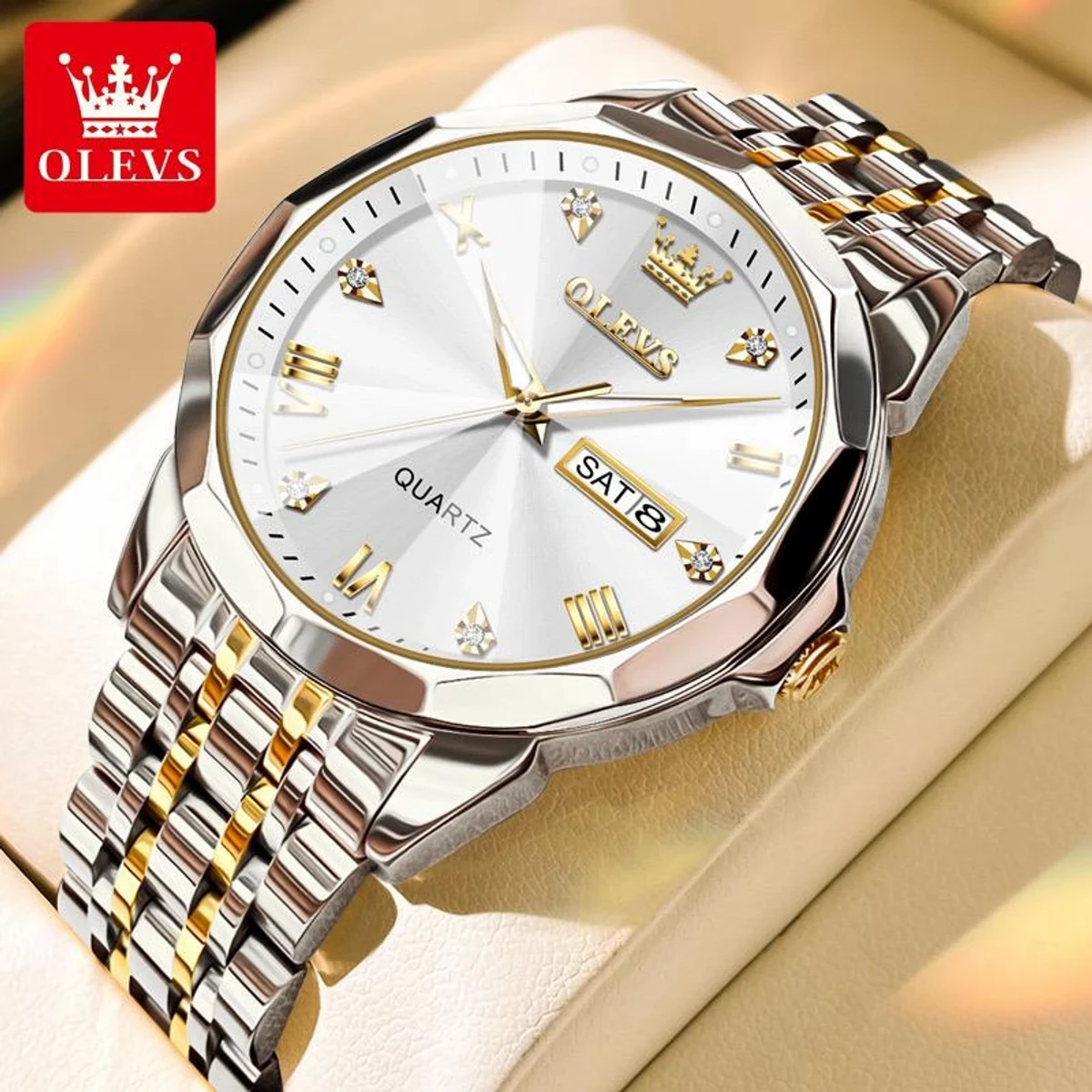 OLEVS MODEL 9931 Watch for Men Stainless Steel Watches - 9931 TOTON AR DIAL WHITE - MAN WATCH - LOCK PUSH + এক পিস ব্যাটারি ফ্রি।