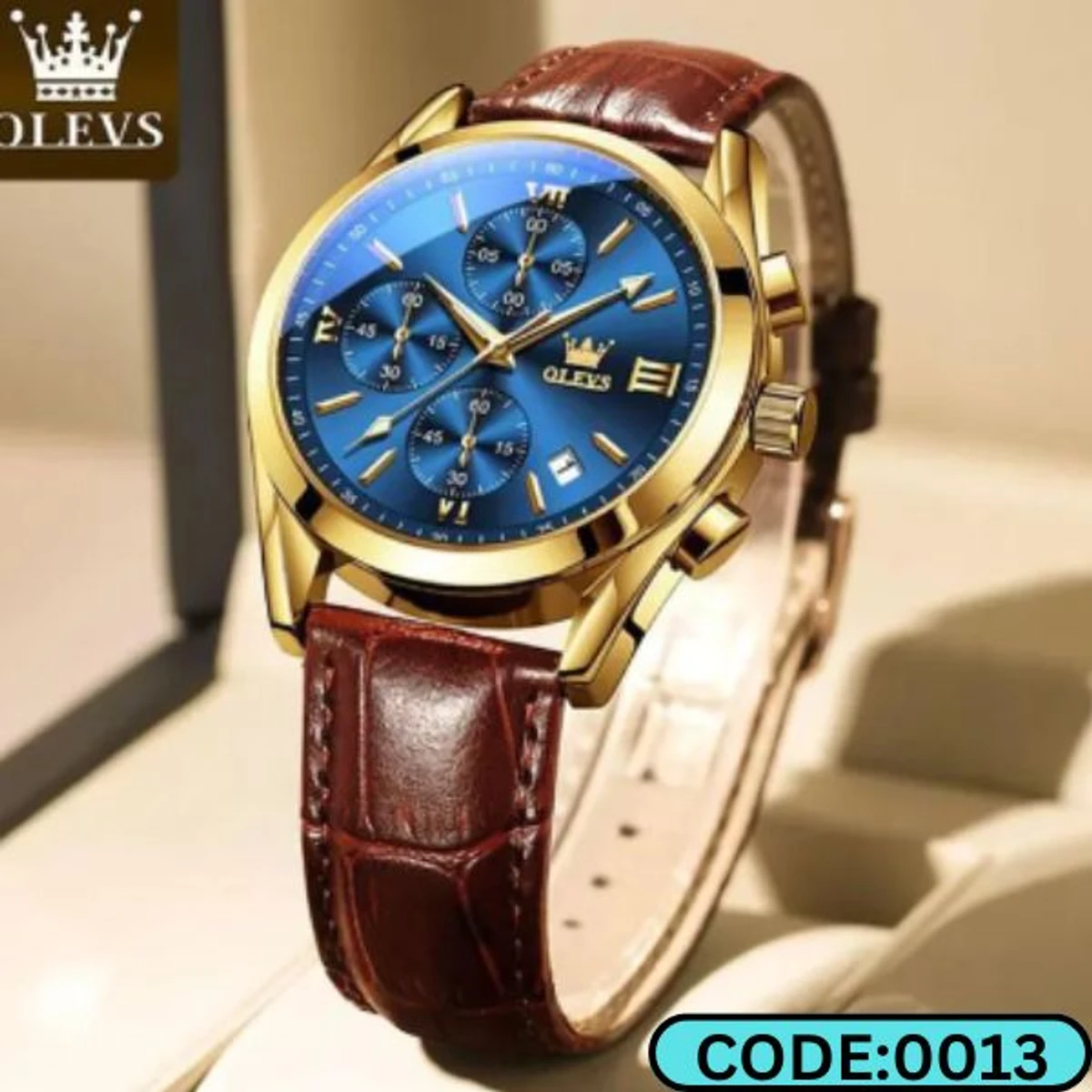 OLEVS WATCH MODEL 2872 FASHION WATCH FOR MEN BELT BROWN DIAL BLUE FOR MEN + এক পিস ব্যাটারি ফ্রি।