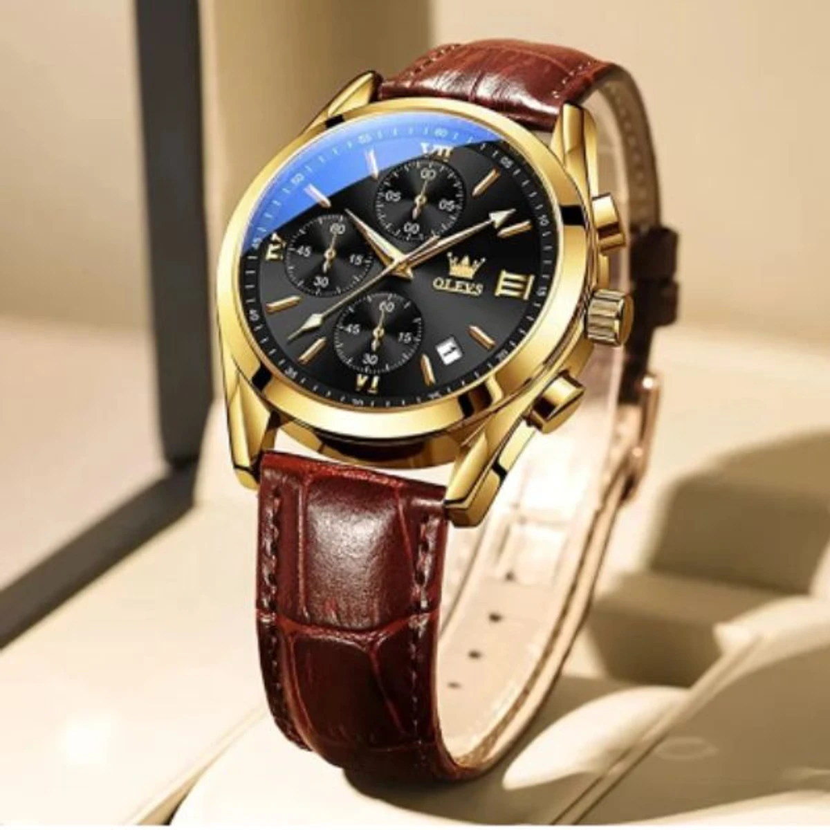 OLEVS WATCH MODEL 2872 FASHION WATCH FOR MEN BELT BROWN DIAL BLACK FOR MEN + এক পিস ব্যাটারি ফ্রি।