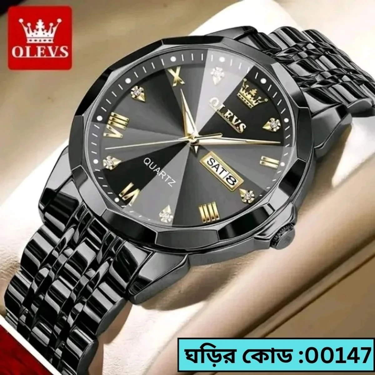 OLEVS MODEL 9931 Watch for Men Stainless Steel Watches - 9931 FULL BLACK WATCH-  - LOCK PUSH + এক পিস ব্যাটারি ফ্রি।
