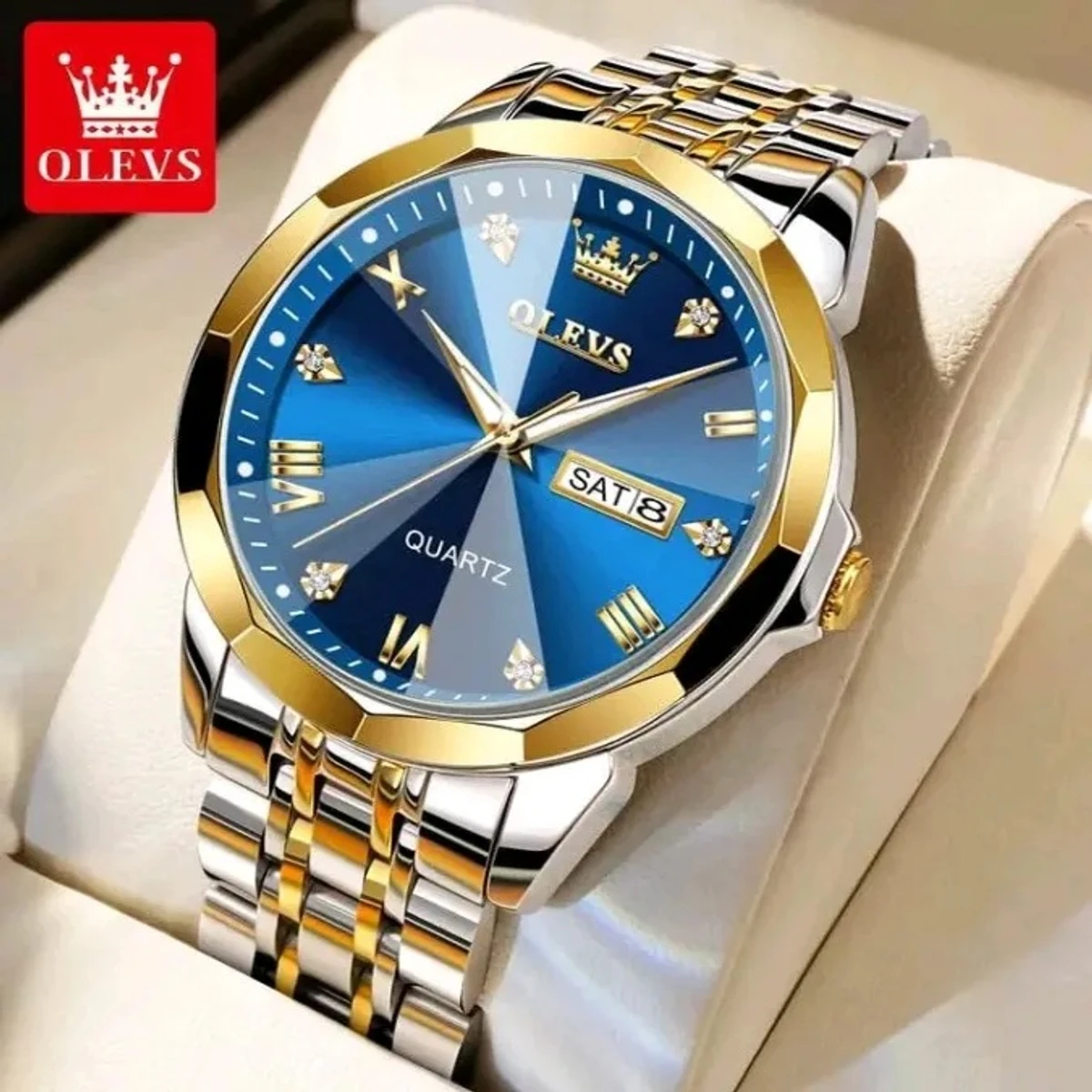 OLEVS MODEL 9931 Watch for Men Stainless Steel Watches - 9931 TOTON AR DIAL  BLUE ROUND GOLDEN  - LOCK PUSH - MAN  WATCH + এক পিস ব্যাটারি ফ্রি।