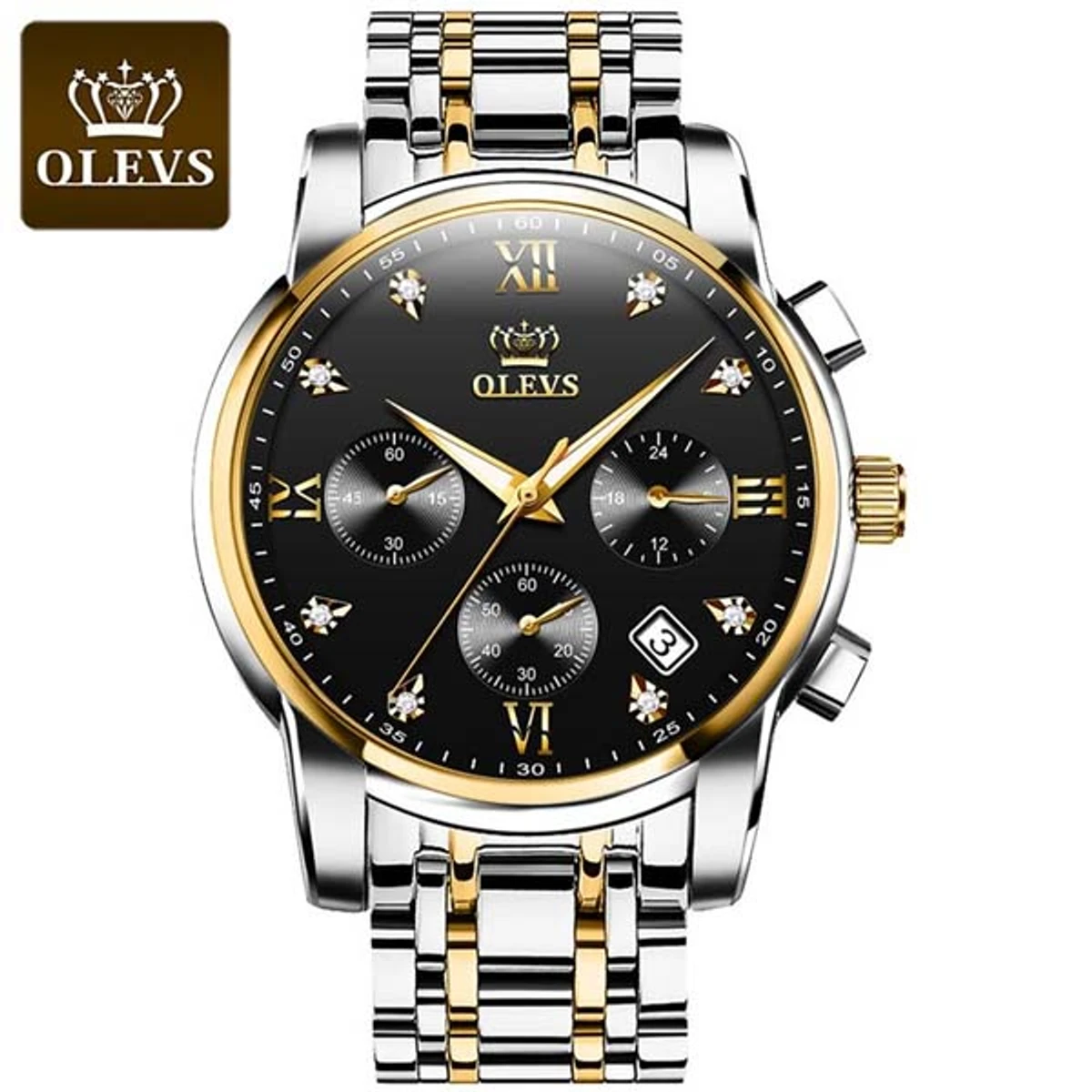 OLEVS MODEL 2858 Watch for Men Stainless Steel Watches - 2858 TOTON AR DIAL BLACK ROUND GOLDEN - MAN WATCH + এক পিস ব্যাটারি ফ্রি।