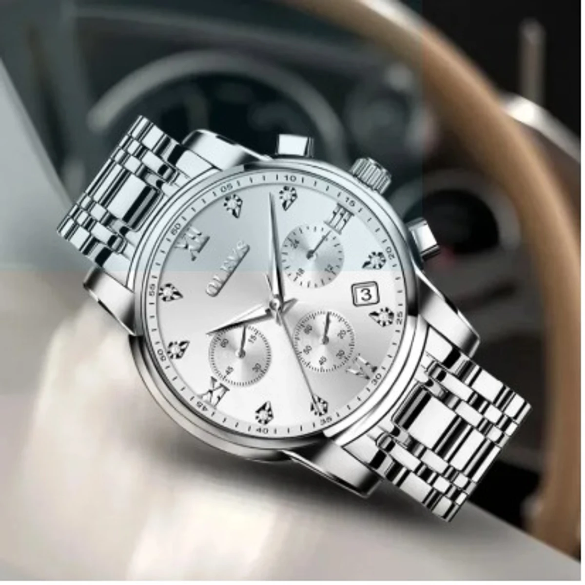 OLEVS WATCH MODEL  2858 Full SILVER COOLER  MAN WATCH + এক পিস ব্যাটারি ফ্রি।