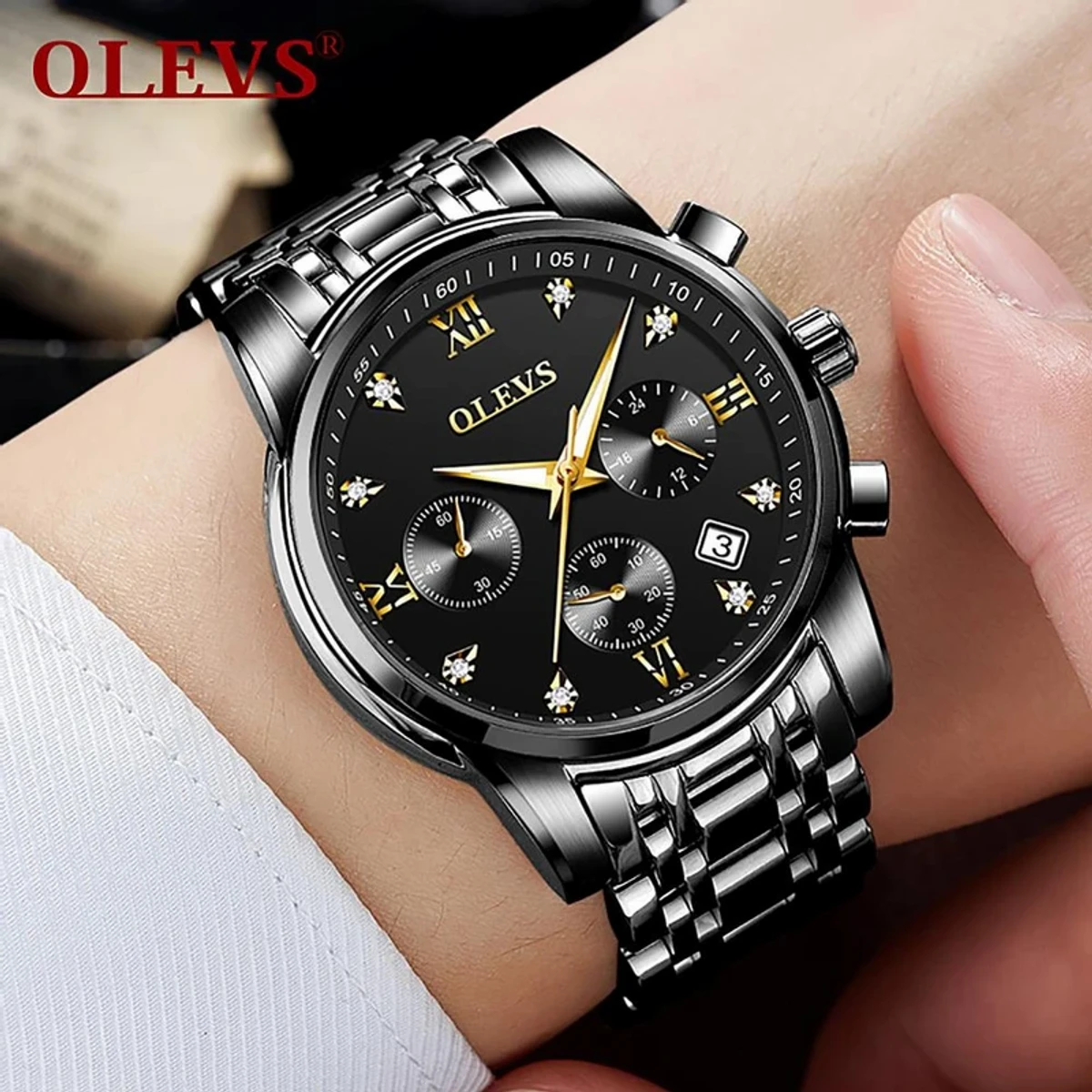 OLEVS MODEL 2858 Watch for Men Stainless Steel Watches - 2858 Full BLACK COOLER WATCH - MAN WATCH + এক পিস ব্যাটারি ফ্রি।