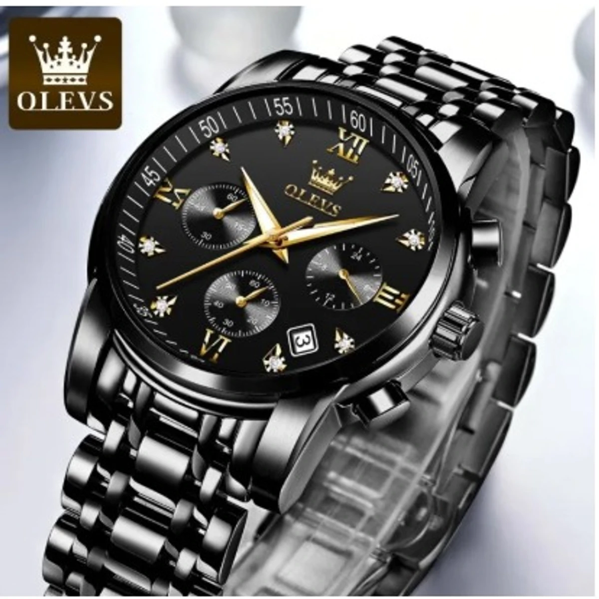 OLEVS WATCH  MODEL  2858 Full BLACK COOLER WATCH FOR  MAN + এক পিস ব্যাটারি ফ্রি।