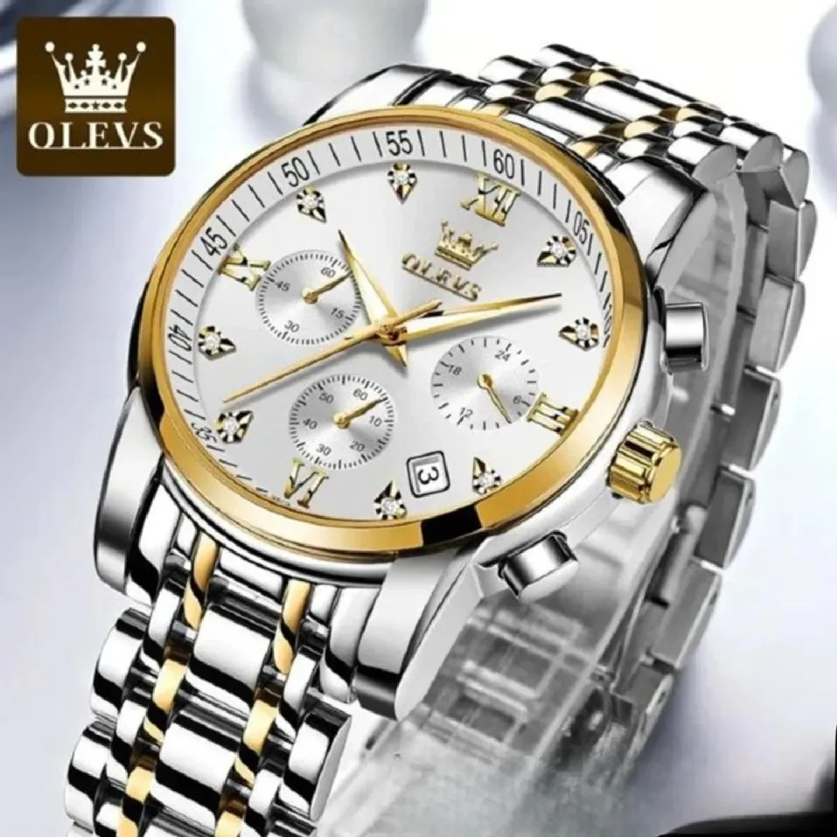 OLEVS WATCH  MODEL  2858 TOTON AR DIAL WHITE ROUND GOLDEN   COOLER WATCH + এক পিস ব্যাটারি ফ্রি।