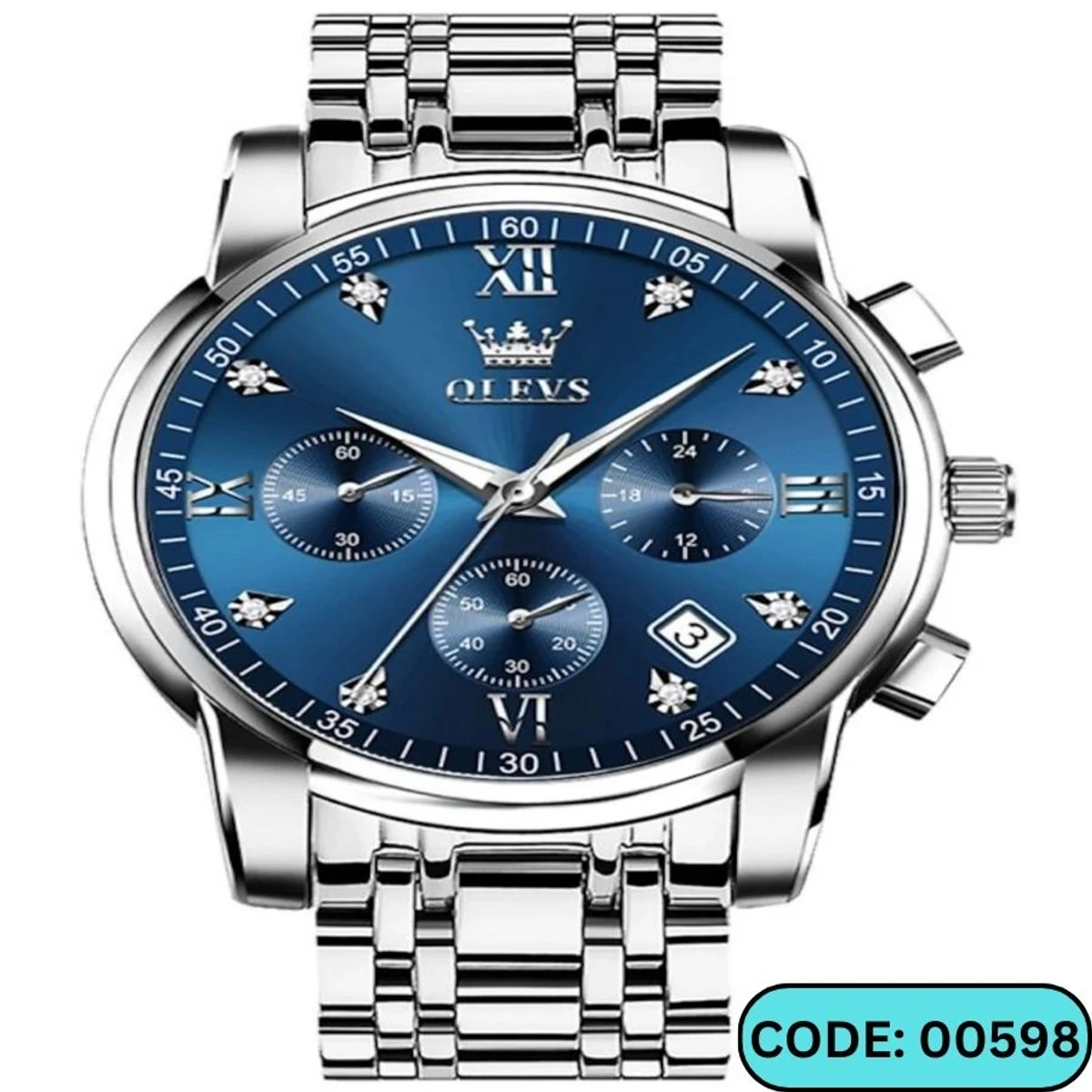 OLEVS MODEL 2858 Watch for Men Stainless Steel Watches - 2858 Silver chain Dial Blue Cooler - MAN WATCH  + এক পিস ব্যাটারি ফ্রি।
