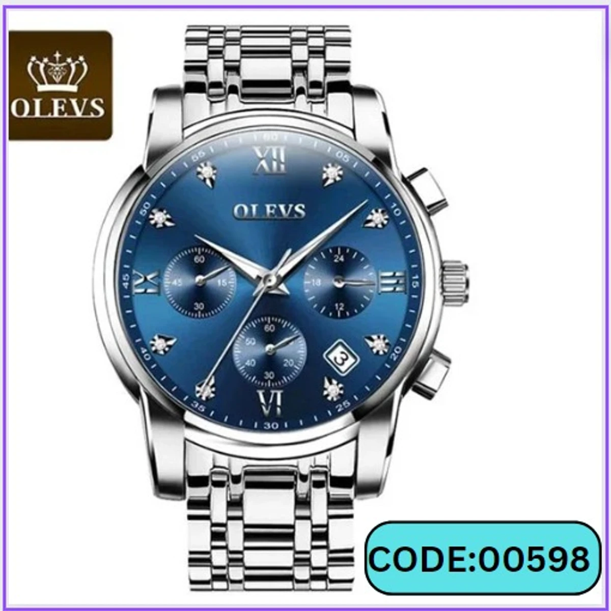 OLEVS MODEL 2858 Watch for Men Stainless Steel Watches - 2858 Silver chain Dial Blue Cooler - MAN WATCH  + এক পিস ব্যাটারি ফ্রি।
