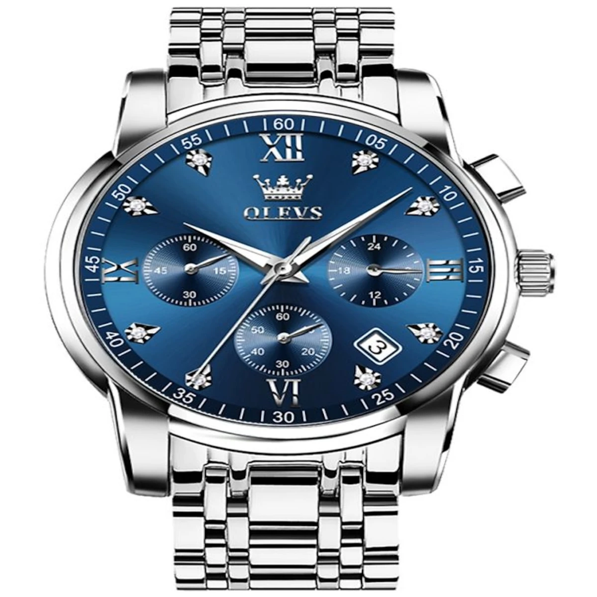OLEVS MODEL 2858 Watch for Men Stainless Steel Watches - 2858 Silver chain Dial Blue Cooler - MAN WATCH + এক পিস ব্যাটারি ফ্রি।