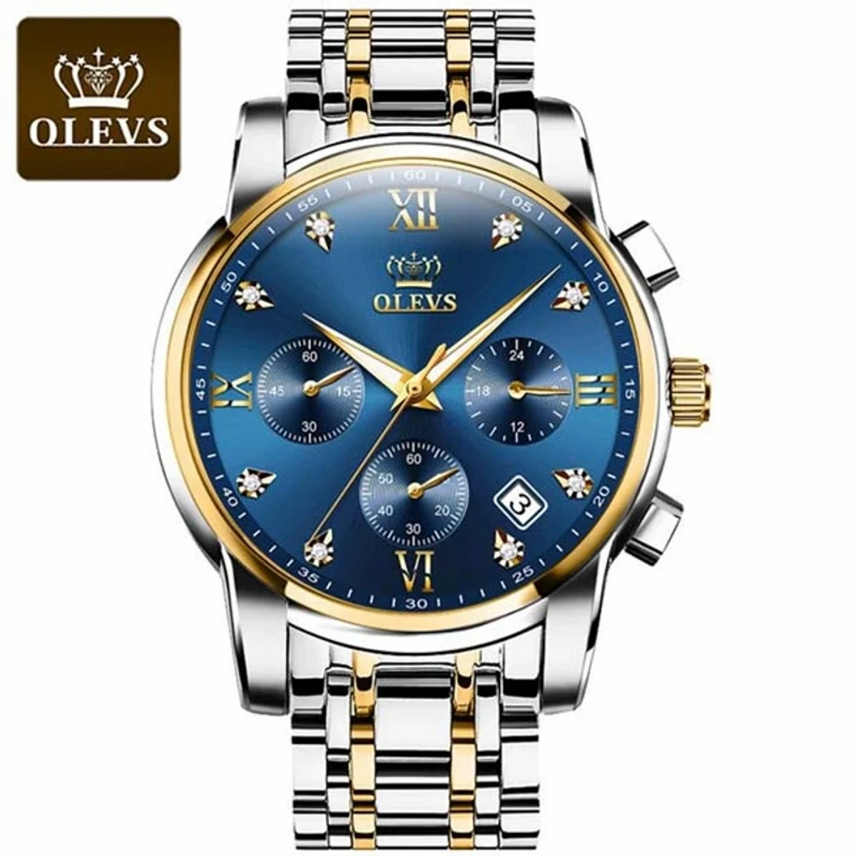 OLEVS MODEL 2858 Watch for Men Stainless Steel Watches - 2858 TOTON AR DIAL BLUE ROUND GOLDEN - MAN WATCH + এক পিস ব্যাটারি ফ্রি।