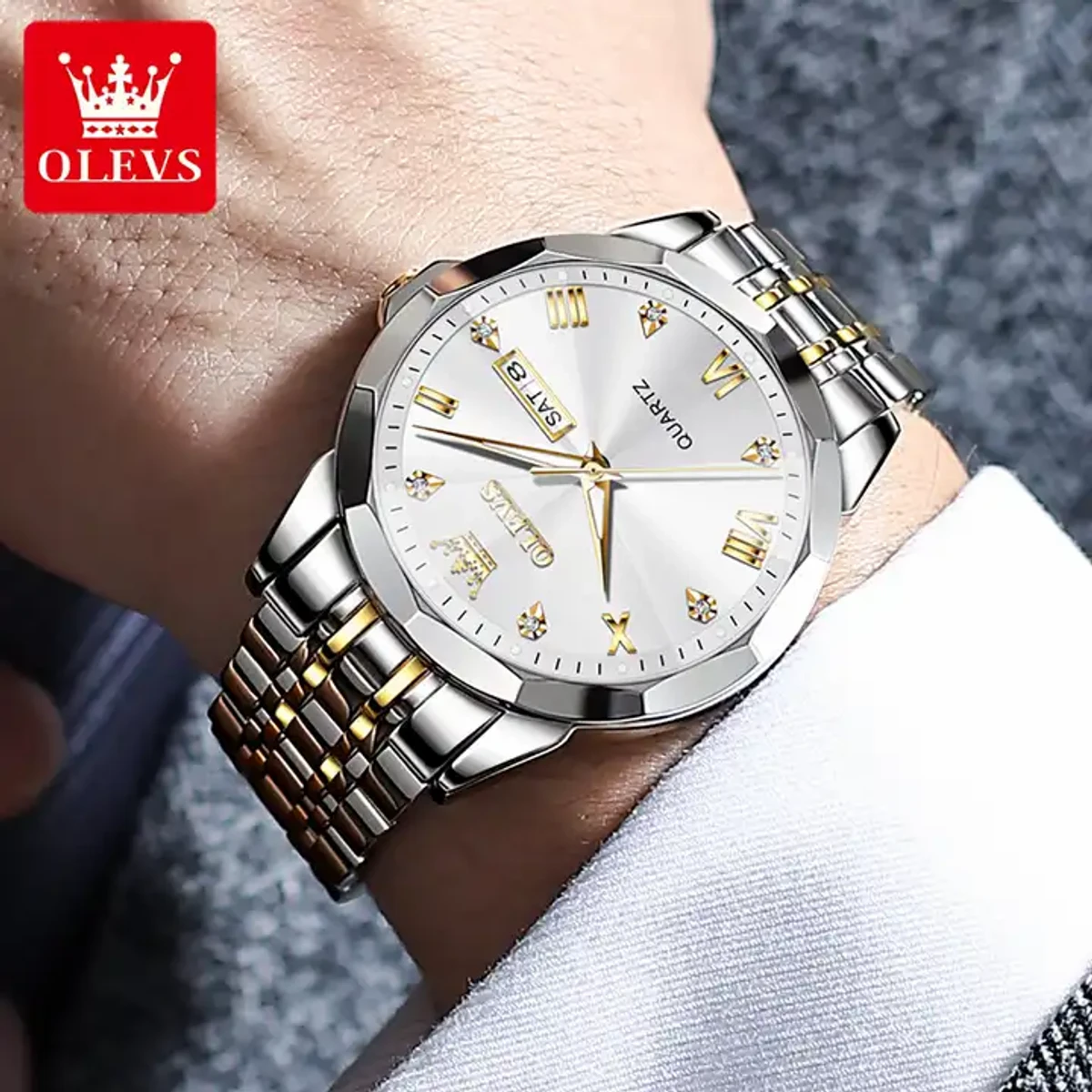 OLEVS MODEL 9931 Watch for Men Stainless Steel Watches - 9931 TOTON AR DIAL WHITE - MAN WATCH - LOCK PUSH + এক পিস ব্যাটারি ফ্রি।