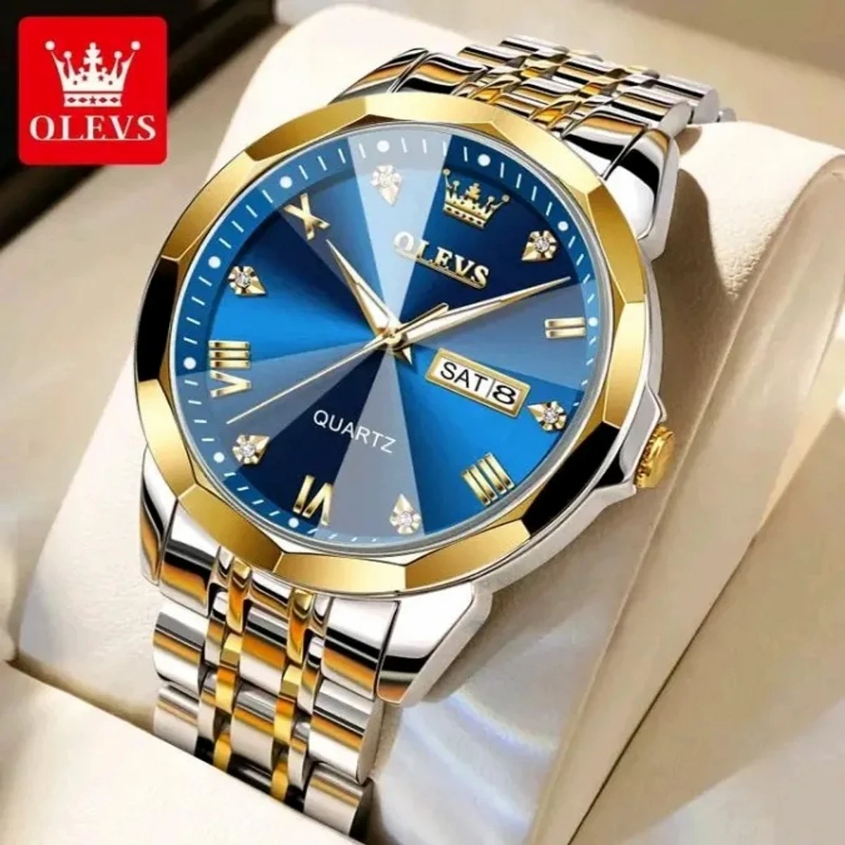 OLEVS MODEL 9931 Watch for Men Stainless Steel Watches - 9931 TOTON AR DIAL BLUE ROUND GOLDEN - - MAN WATCH -  LOCK PUSH + এক পিস ব্যাটারি ফ্রি।